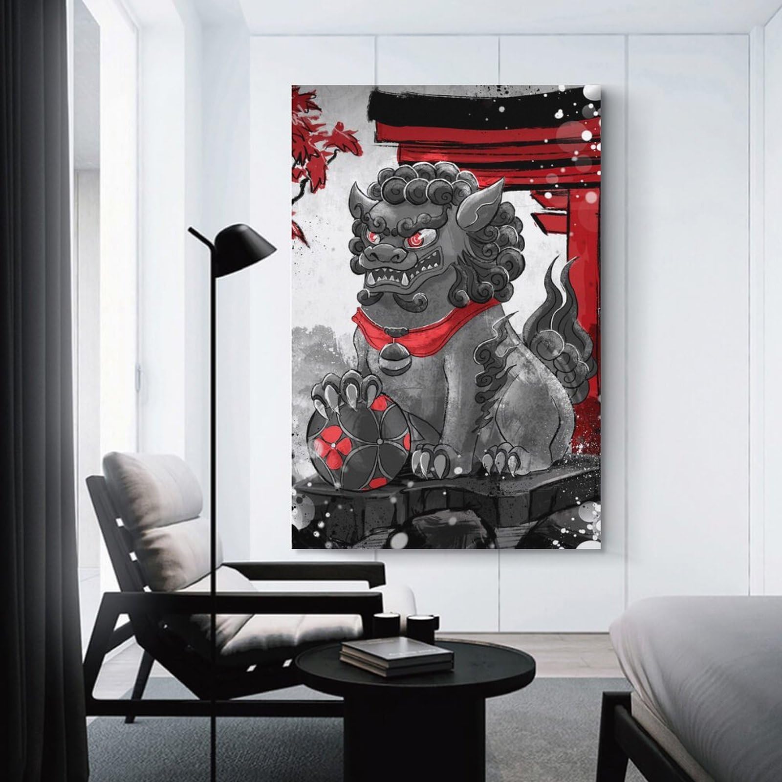 Junmoney Wall Art Print Komainu Statue with Torii Gate, 20x30inch(50x75cm), for Living Room, Bedroom Or Apartment Walls, Modern Wall Decor for Cosy Interiors