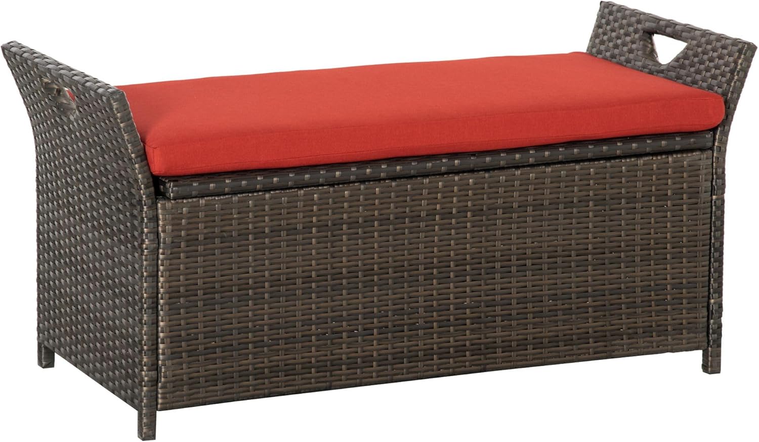 27Gallon Rectangular PE Rattan Storage Bench Red Weatherproof Heavy Duty with Hinged Lid Waterproof Outdoor Durable Furniture