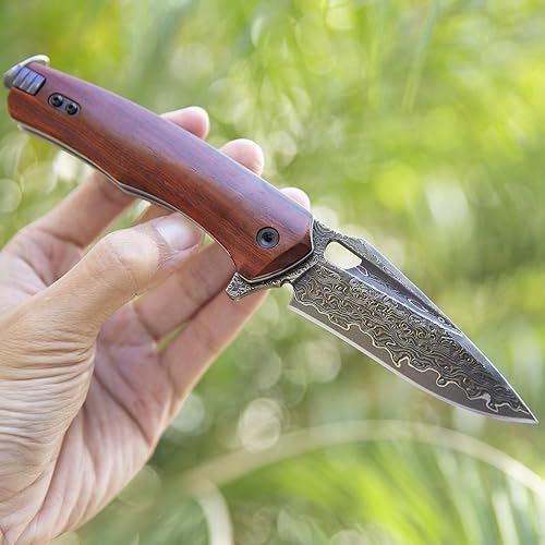 Miniatura 7 de SPIRIT DEED Damasco acero multifuncional EDC cuchillo plegable con clip de bolsillo autoensamblable, palo de rosa y mango de aleación de titanio,