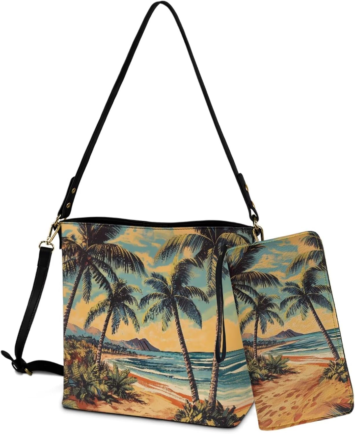 Purse and Wallet Set for Women, Leather Crossbody Bucket Tote Bag with PU Wallet for Travel Party Work