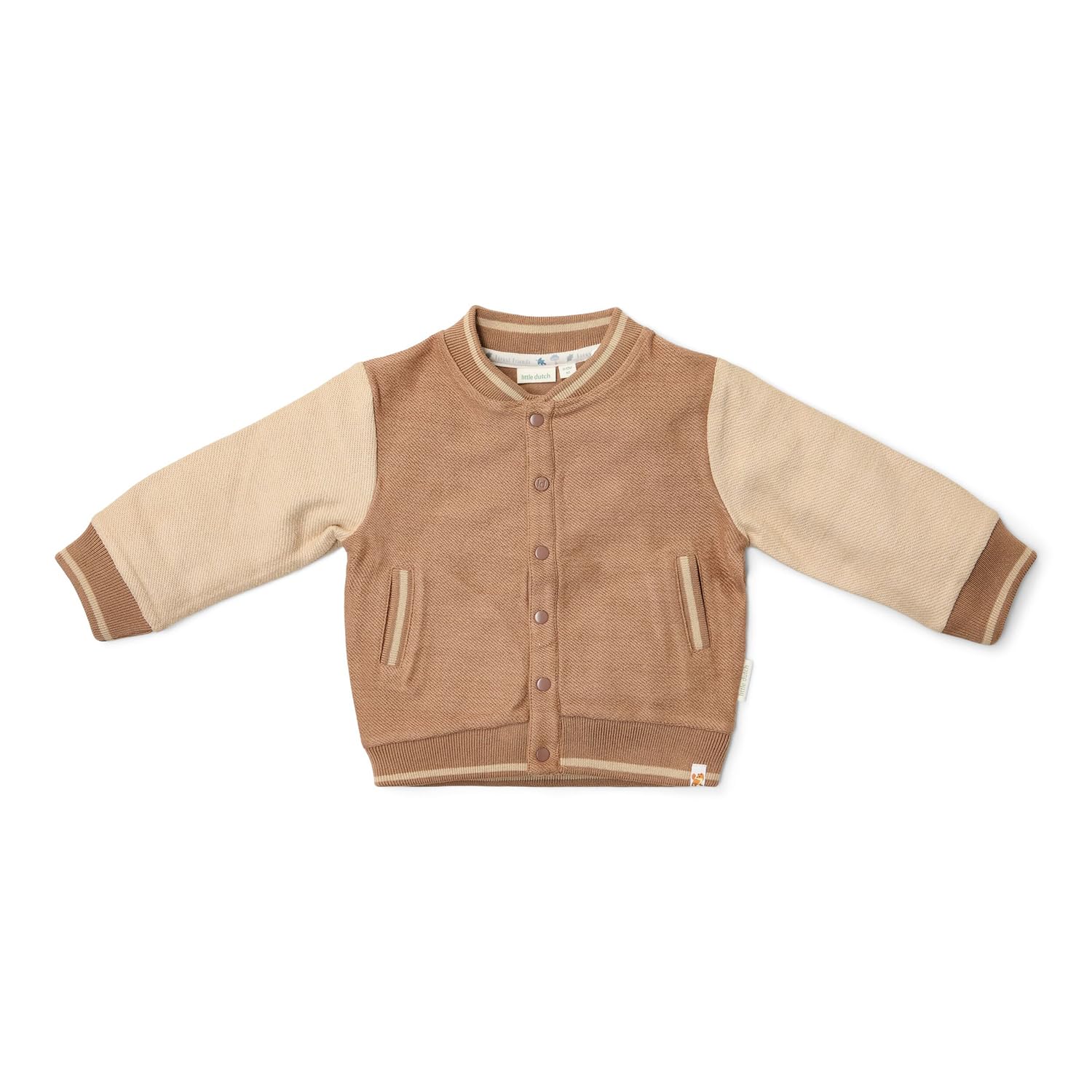 Little Dutch Cardigan Strickjacke College Jacke - mit Druckknöpfen - für Jungen - Baumwolle - Forest Friends Taupe braun (Gr. 74)