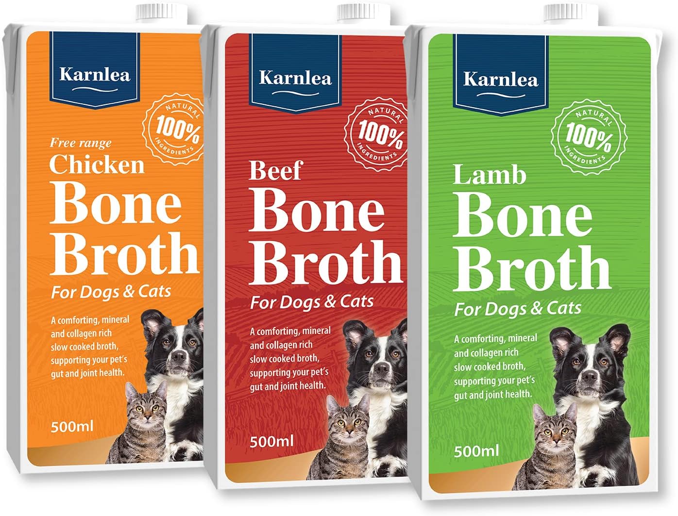 Pets Bone Broth Variety Pack - 3x 500ml | 100% Real Chicken, Beef & Lamb Liquid Bone Broth for Cats & Dogs | High in Collagen & Protein for Healthy Joints, Gut, Digestion, Skin & Sickness