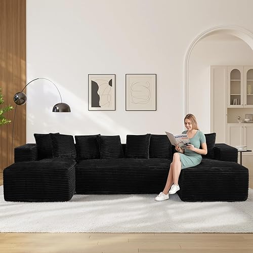 Modular Sectional Sofa Cloud Couch, 131" Black Boneless Couches for Living Room, Comfy Deep Seat Plush Corduroy Sofa, Modern Fluffy Memory Foam U Shape Sectional Couch with Chaise Lounge
