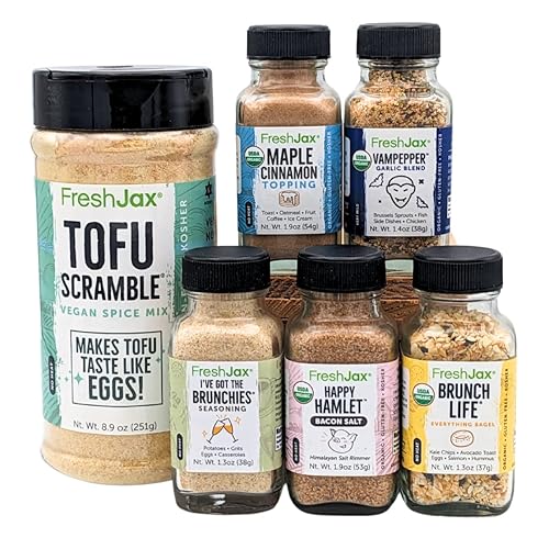 FreshJax Especias orgánicas  Paquete extragrande Sunrise Scramble  5 condimentos de tamaño de muestra y 1 botella extra grande de tofu Scramble