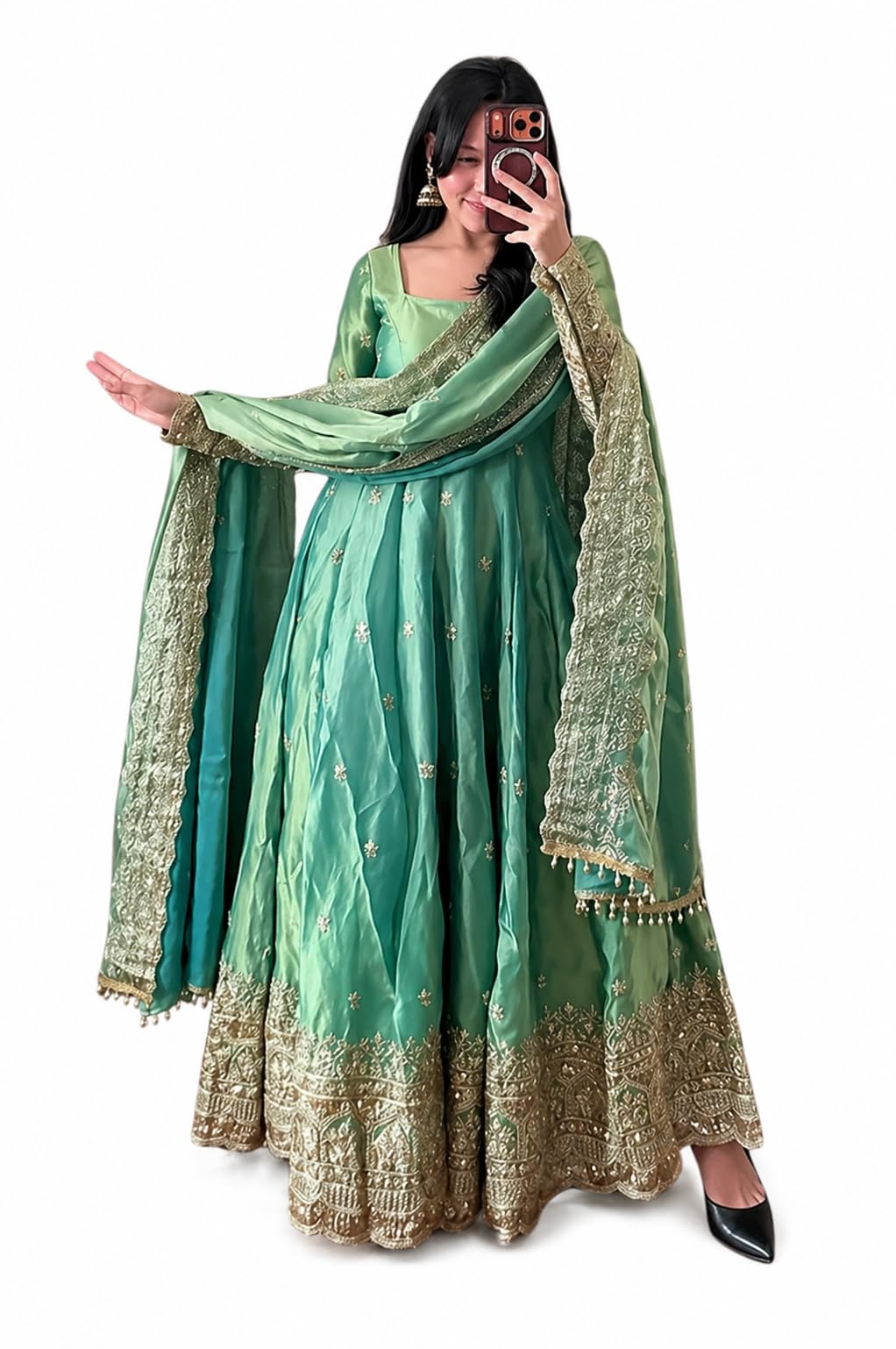 Women’s Embroidered Green Anarkali Dress with Dupatta-image-42