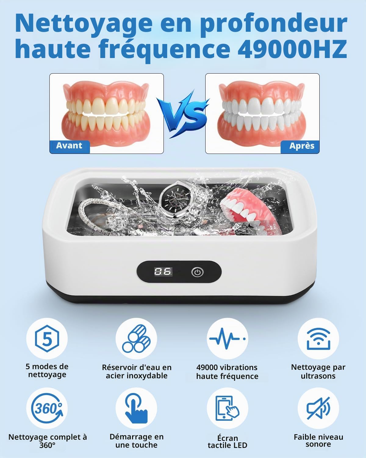 Nettoyeur Ultrasons, 49kHz Nettoyeur Bijoux à Ultrason, 650ML Appareil De Nettoyage De Lunettes avec 5 Réglages de Temps, Ultrasonic Cleaner pour Bijoux, Dentier, Montres, Lunettes, Tête de Rasoir
