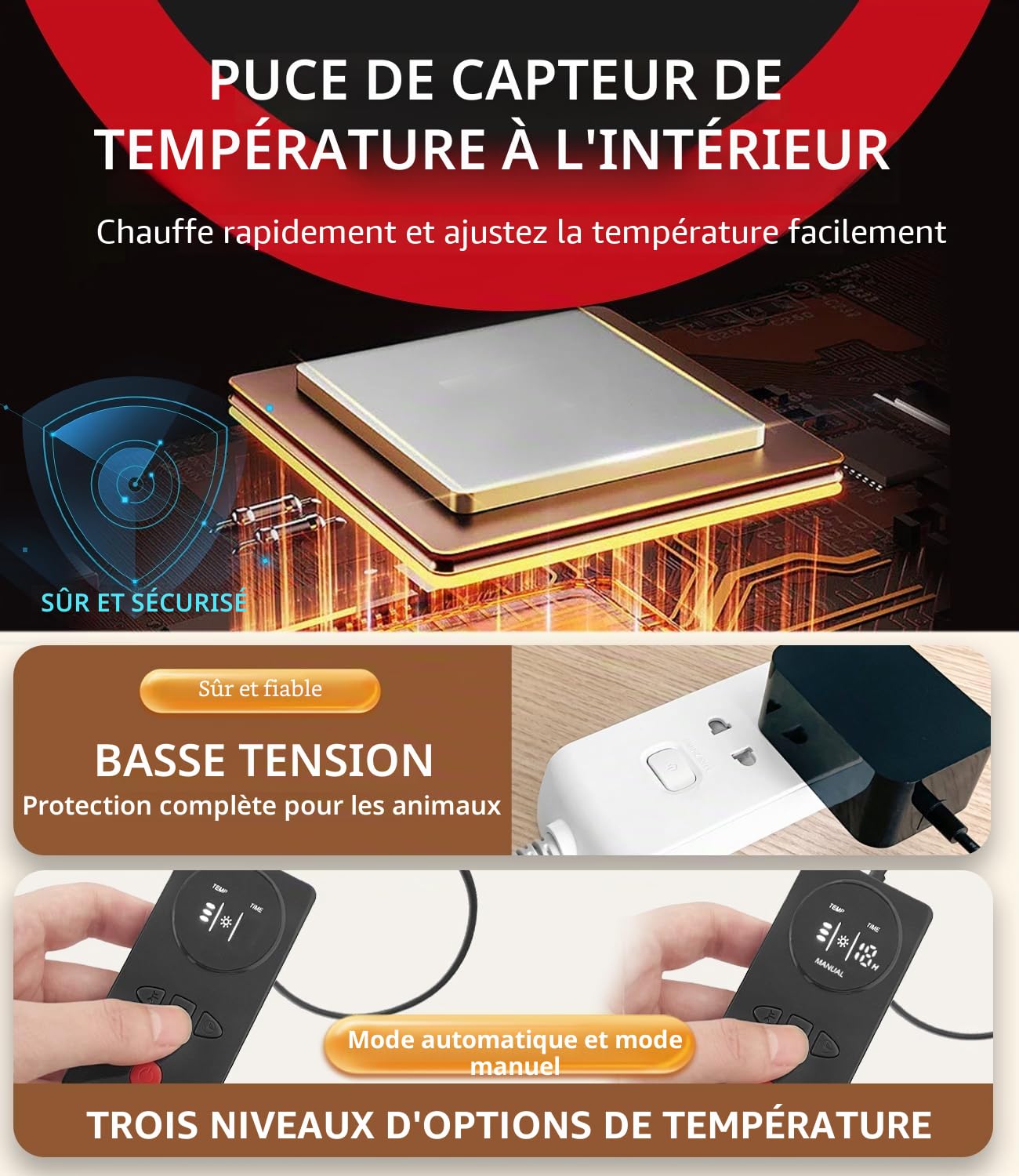 Tapis chauffant pour chien et chat activé par pression - Tapis chauffant électrique automatique pour animal domestique - Tapis chauffant avec cordon résistant à la mastication - Température réglable