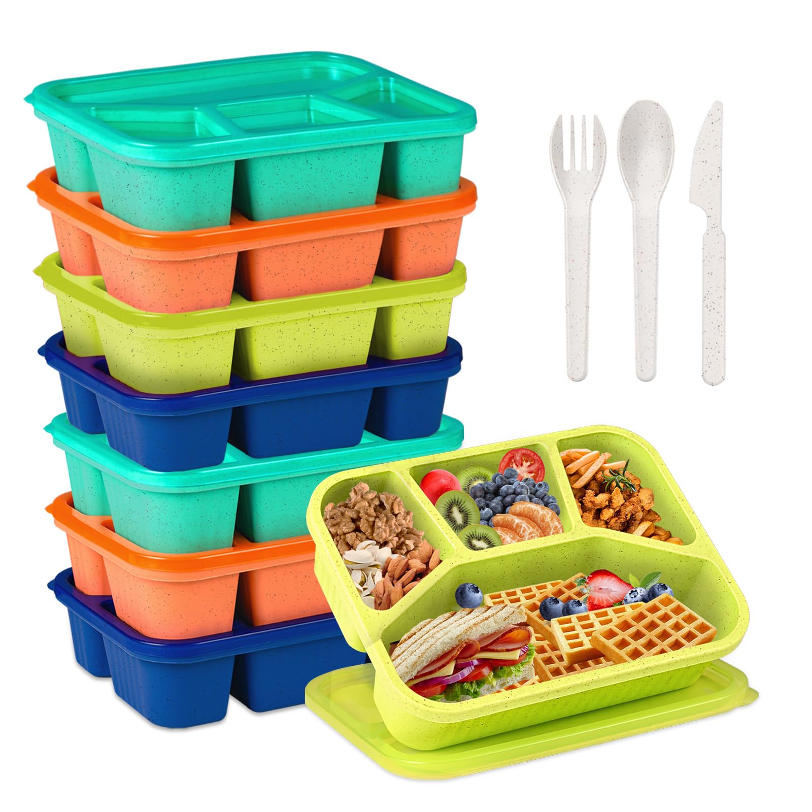 BIEOFFEI 8 Pack Bento Box Lunch Boxes for Adults, 4 Compartment Meal Prep Containers with Lids, Reusable Bento Box Snack Containers for Work, Travel, Picnic, Microwave & Dishwasher Safe