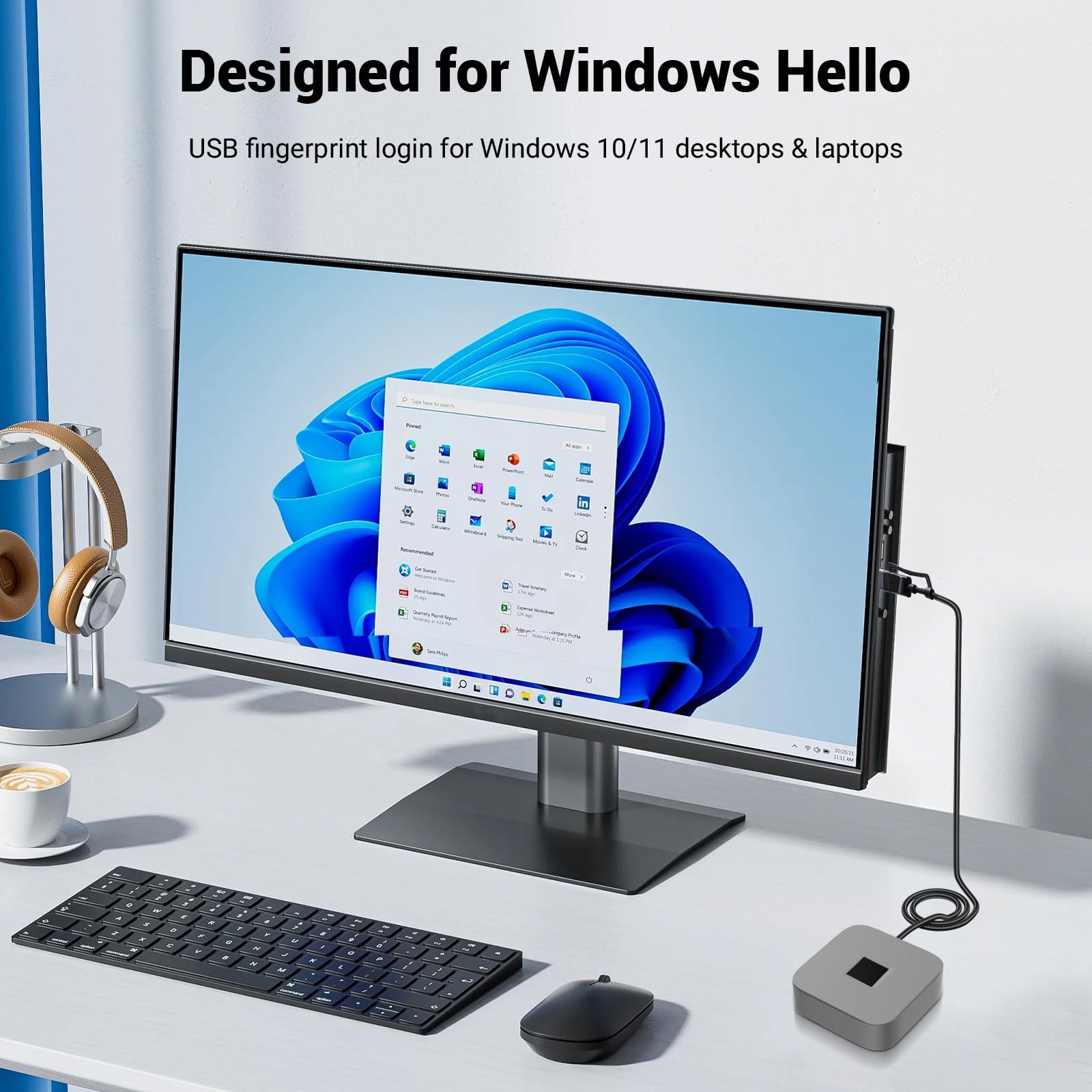 Lecteur d‘Empreintes digitales USB pour Windows Hello, Compatible avec Windows 11/10, Capteur 360°, clé de sécurité biométrique Plug & Play pour PC/Ordinateur Portable
