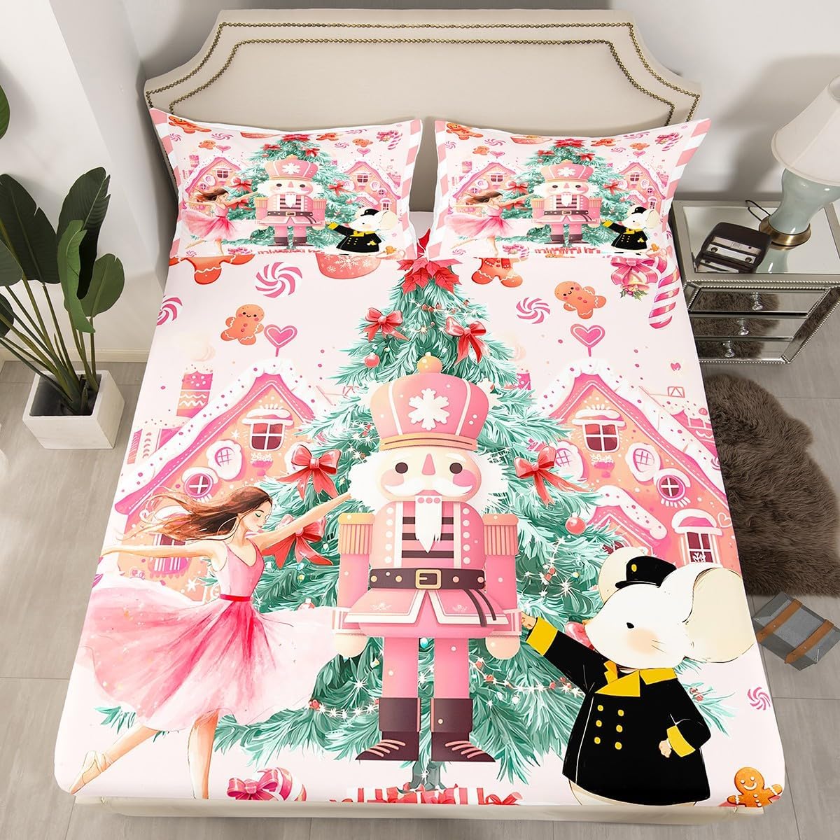 Pink Nutcracker Fitted Sheet Christmas Candy House Gingerbread Man Full Size Bed Sheets, Cute Ballet Princess Cartoon Mouse Soldier Bedding Set