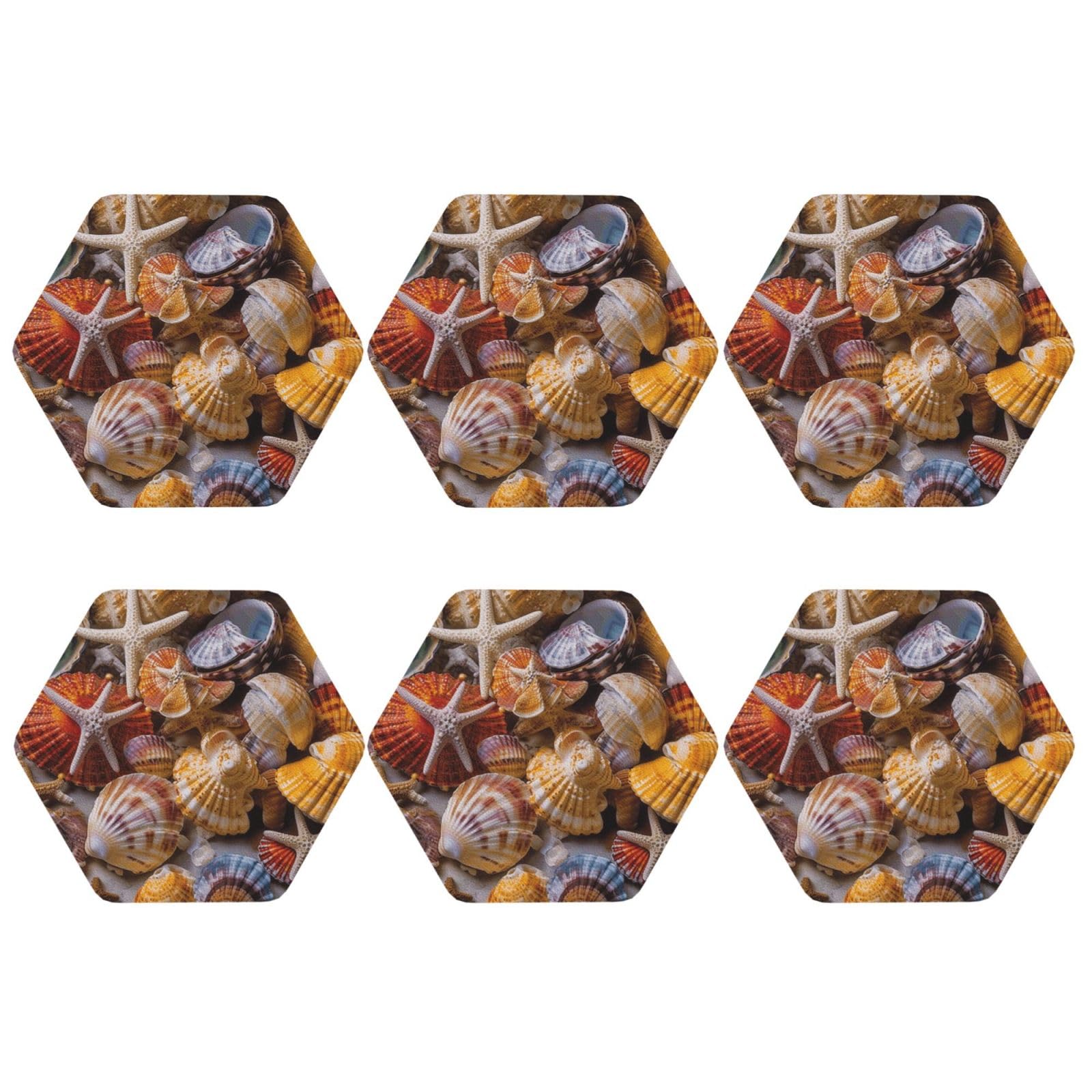 6pcs Leather Coasters for Drinks, Sea Shell Treasures Drink Coasters for Tabletop Protection, 4" Cup Coasters for Coffee Table Decor, Non-Slip Drinking Cup Mat for Hot Or Cold Drink
