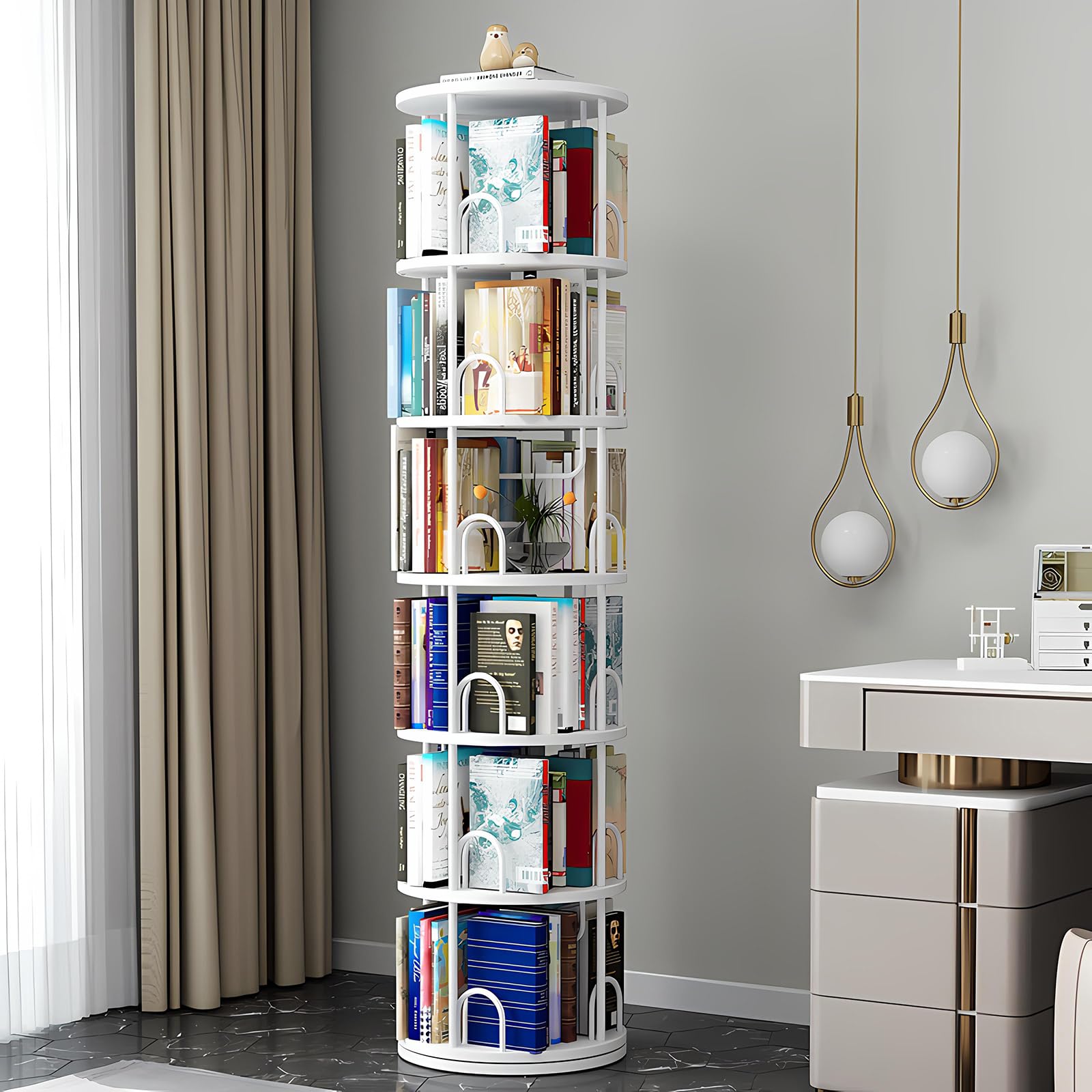 Estantería giratoria de 360°, Librería de Madera, estantería de pie, estante de almacenamiento de pie, Organizador Libros, CDs, Estanteria de Esquina para Salon, Estudio y Dormitorio (B, 6 Niveles)