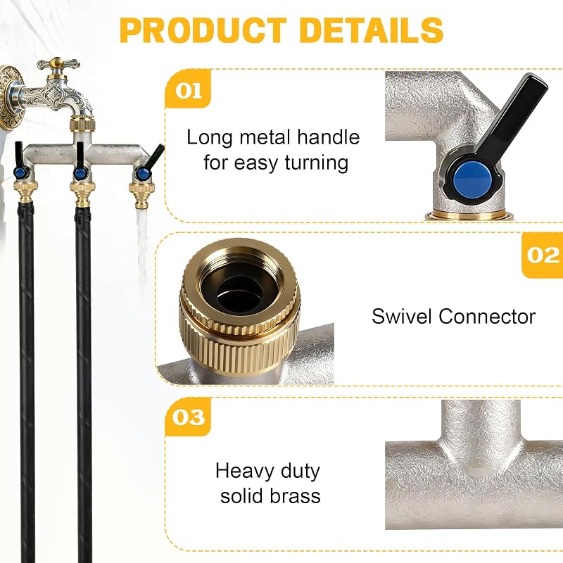 Distribuitor de apă cu 3 căi EXLECO din alamă, G3/4 cu adaptor de 1/2, cu robinet de închidere separat pentru robinet de grădină, mașină de spălat, irigare, cu robinet cu bilă