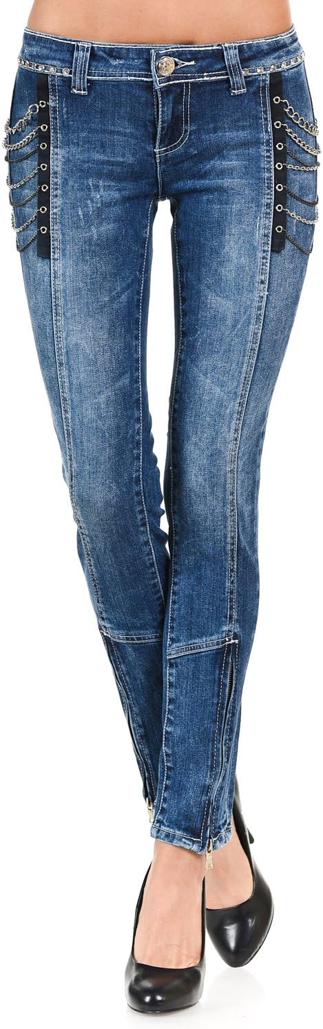 VIRGIN ONLY Women's Medium Blue Skinny Jeans with Chain on Sides