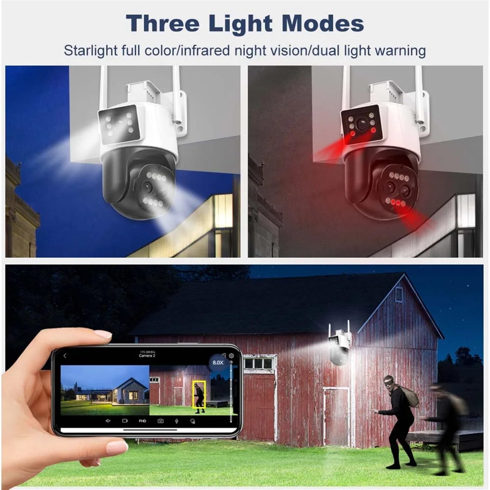 Telecamera di Sorveglianza, Telecamera IP 9MP 4K esterna Zoom 8X Tre lenti Monitoraggio automatico di sorveglianza Protezione sicurezza Telecamere CCTV PTZ