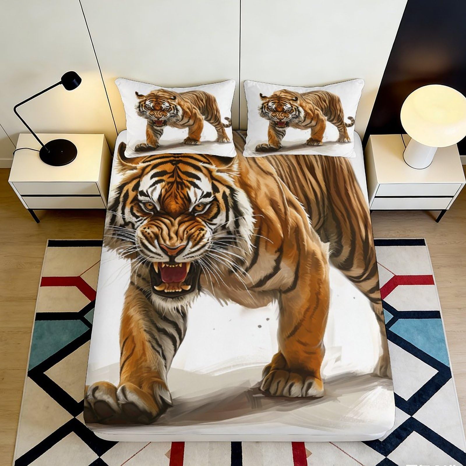 3D Printed Fierce Tiger Fitted Sheet Microfiber Soft Breathable Roaring Tiger Mattress Cover for Bedroom Decor 140x200x25cm