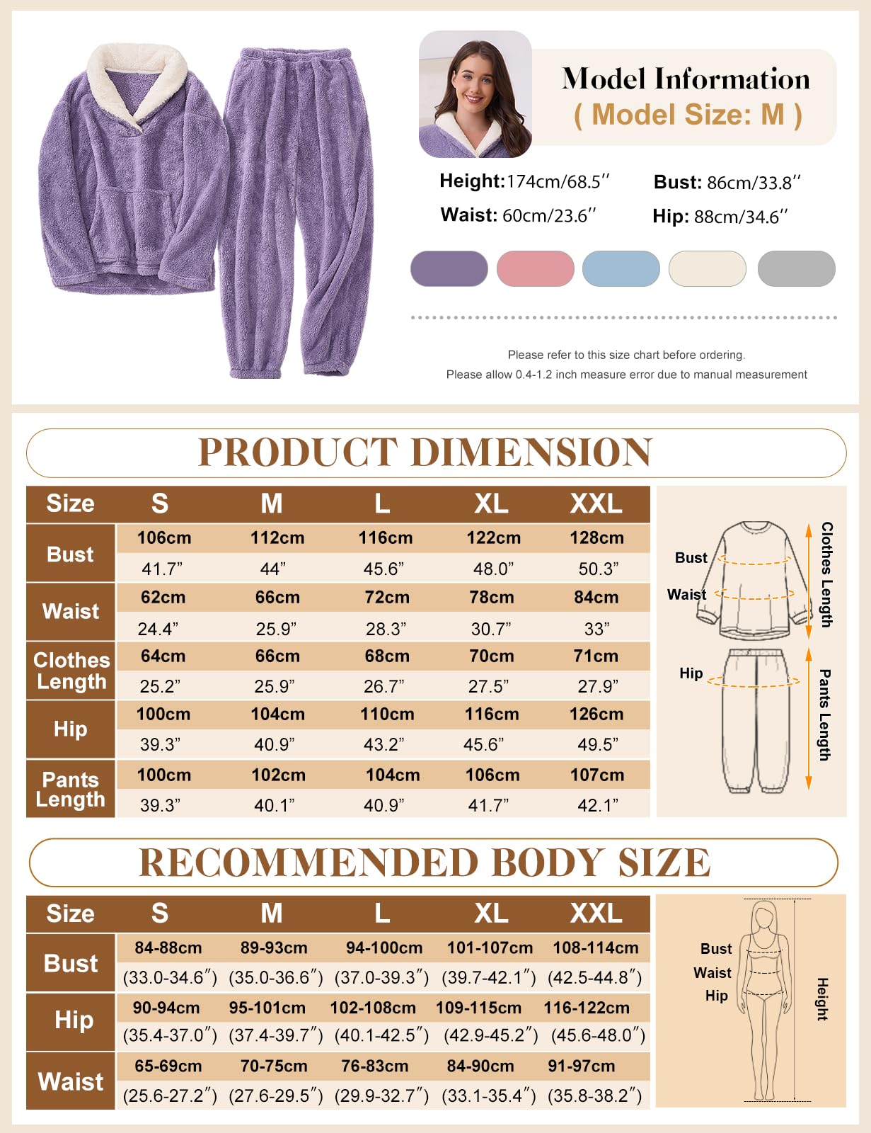 CMTOP Pyjama Femme Hiver Ensembles de Pyjama en Polaire Vêtements de Nuit Chaud et Doux Rembourré Ensemble Sleepwear Combinaison Pyjama à Revers Confortable et Moelleux avec Poches