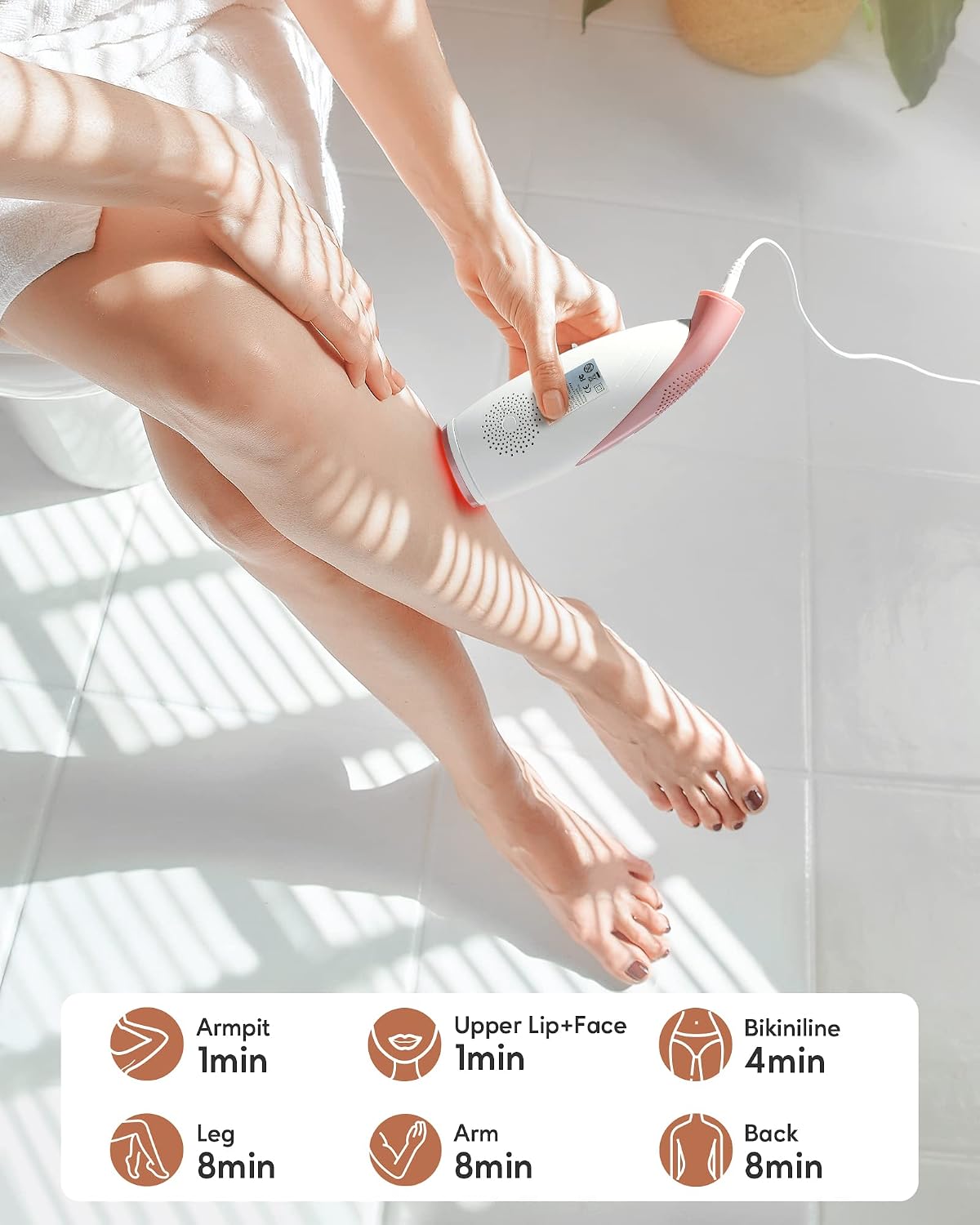 A person using the IPL hair removal device on their leg, with estimated treatment times for different body areas: Armpit (1 min), Upper Lip + Face (1 min), Bikini line (4 min), Leg (8 min), Arm (8 min), Back (8 min).