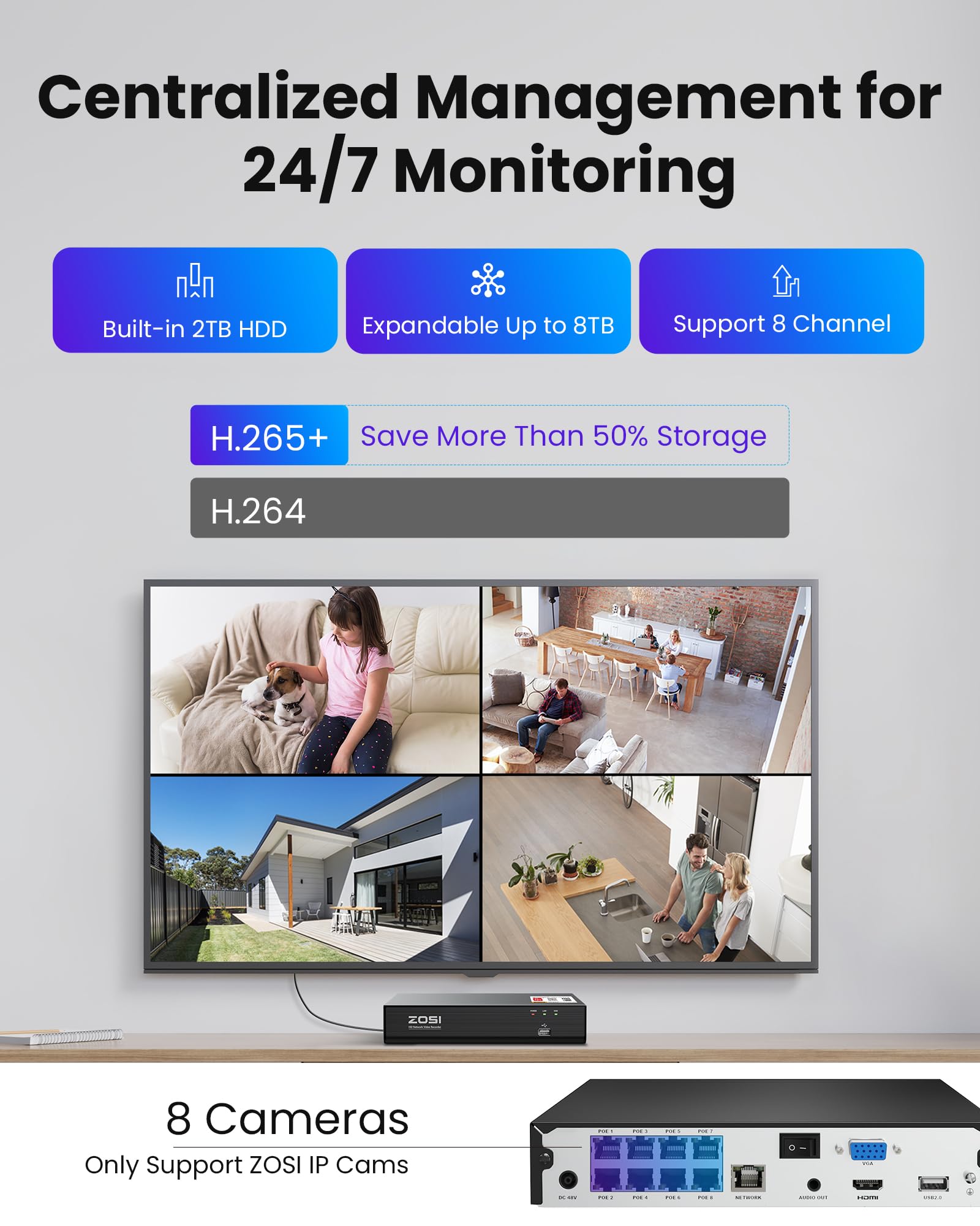 ZOSI 5MP Kit Cámaras de Vigilancia PoE Exterior, 8CH 4K Grabador NVR Sistema con (4) Cámara Seguridad IP Interior, Visión Nocturna Color, Detección y Alarma de Persona/Vehículo, 2TB HDD Incluido