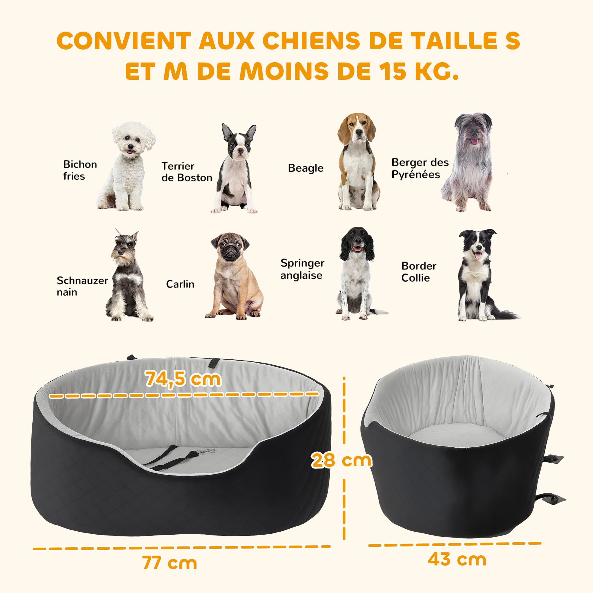 PawHut Siège Auto pour Chien avec Ceinture de sécurité et Fixation, siège de Voiture pour Chiens rembourré Confortable Portable jusqu'à 15kg, Panier Voiture pour Animal Coussin Amovible, Noir