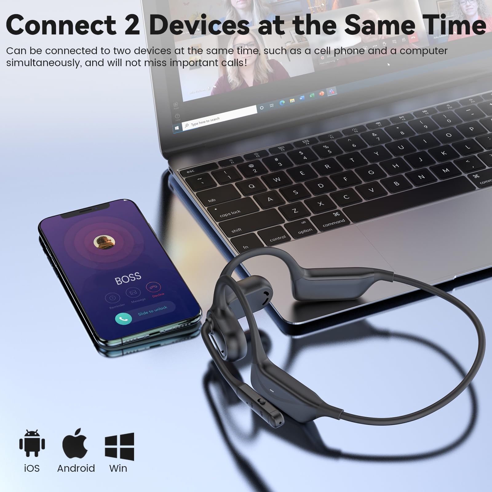 Bluetooth Headset mit Mikrofon Stummschalttaste, Multipoint-Verbindung, 29g | Bluetooth 5.4, Open-Ear Design,Rauschunterdrückendes Mikrofon für Büro, Meetings, Fahren, Typ-C-Aufladung