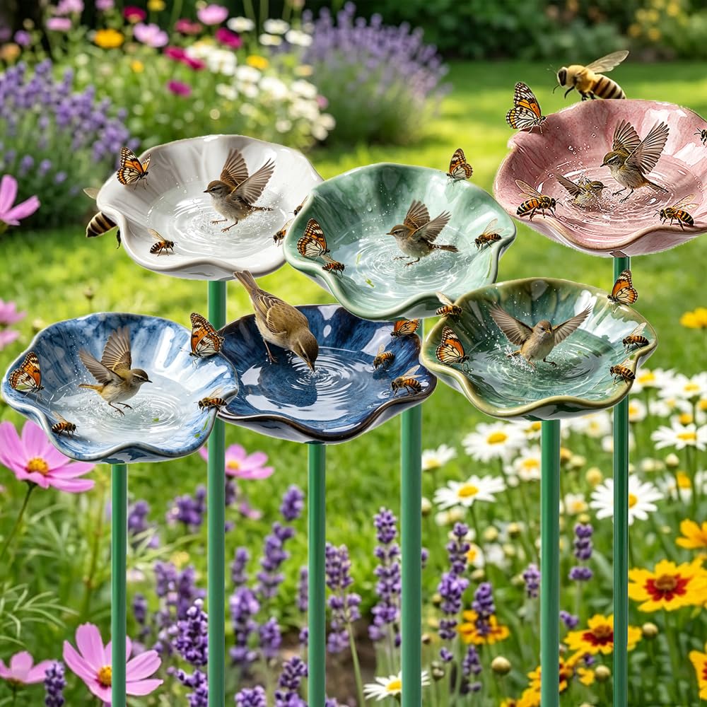 Handmade Ceramic Flower Bee Watering Station Ceramic Flower Stakes Weatherproof Pollinator Drinking Bowl Pollinator Mini Bird Bath for Bees Butterflies Garden Yard Decor (Rock Green)