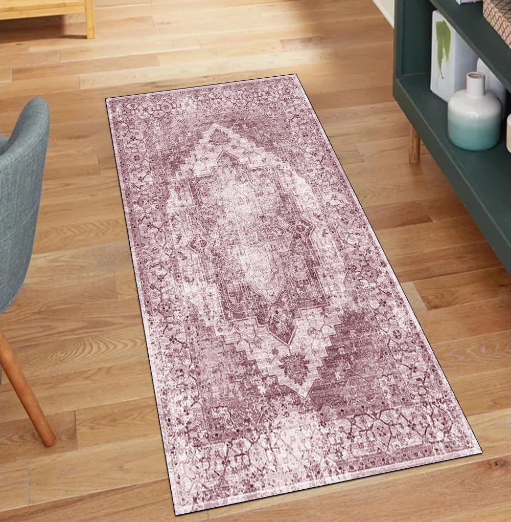 Alfombra vintage de pasillo de 80x220 cm con base antideslizante lavable color rosa
