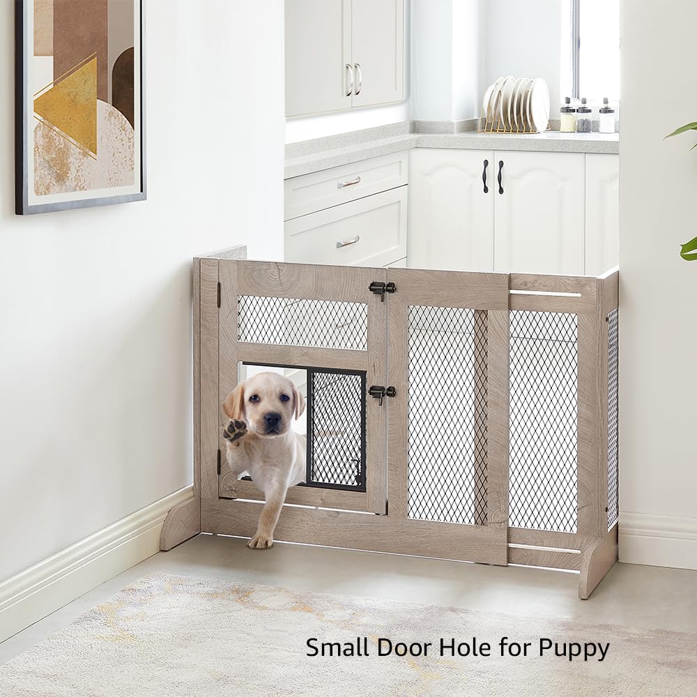 unipaws Puerta para gatos 2 en 1, puerta retráctil para bebés con puerta para gatos, puerta para gatos para puerta y escaleras, puerta a prueba de perros para interiores, barrera de madera ajustable