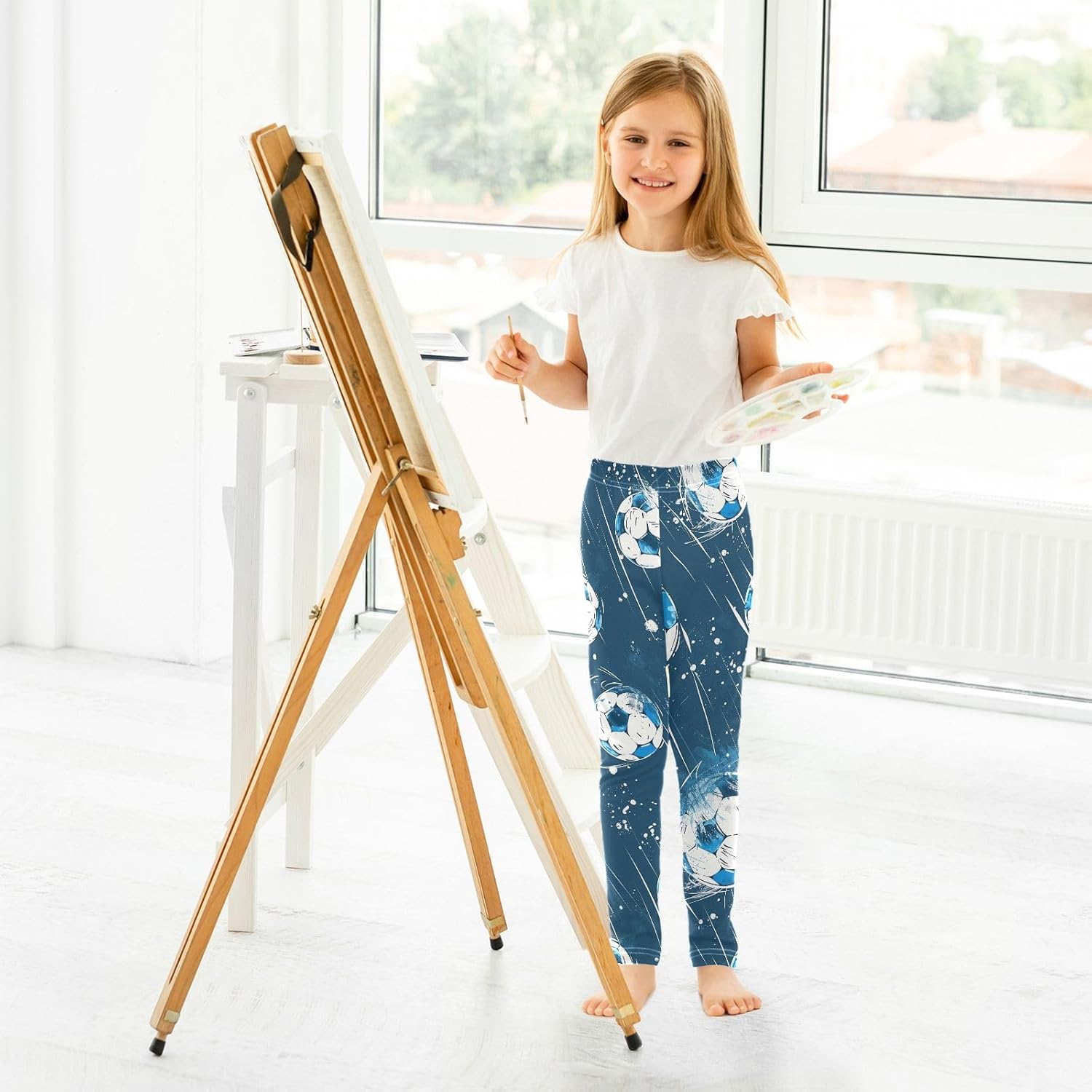 Girl Leggings White Blue Soccer Balls Yoga Pants Dance Tights Trousers Stretchy Leggings