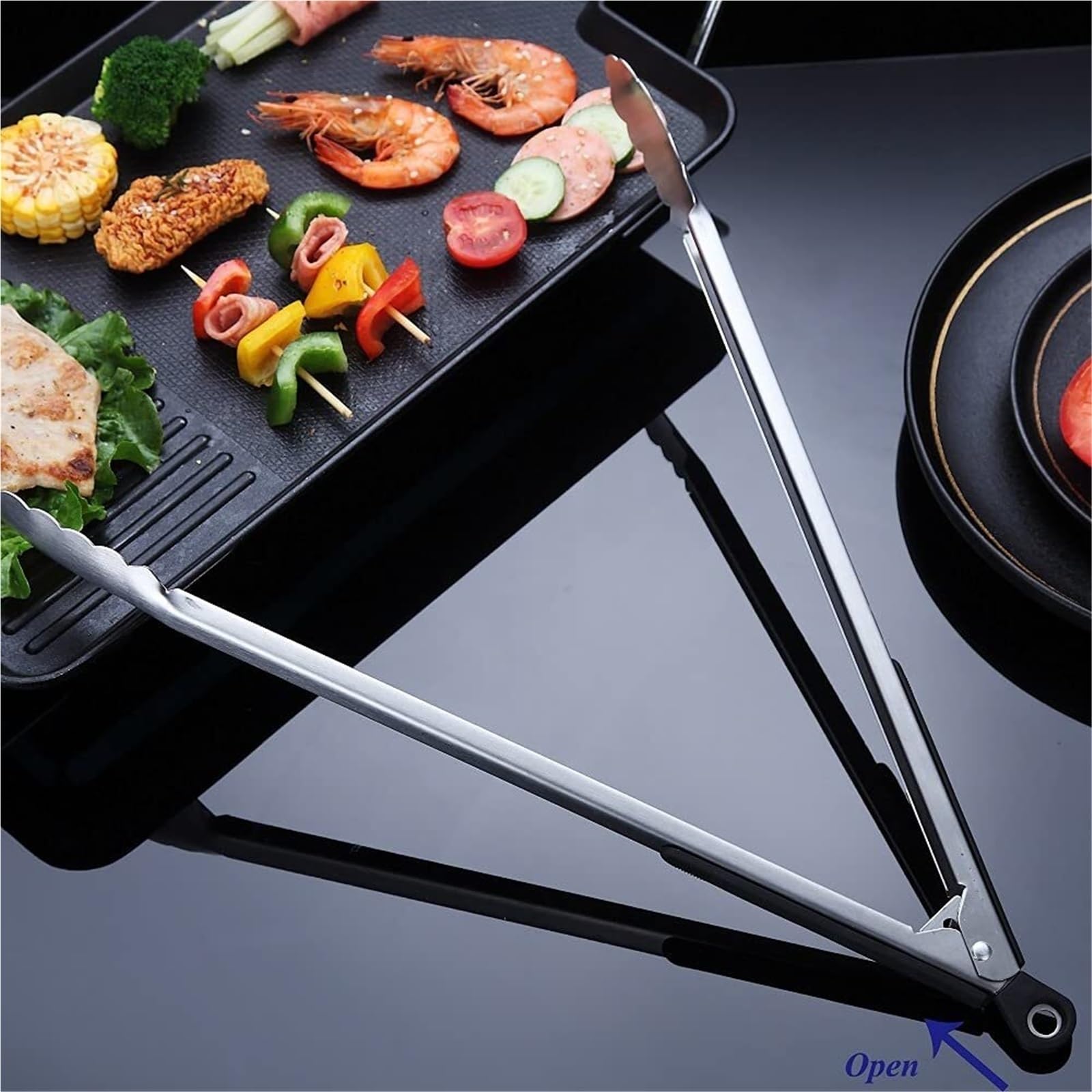 Küchenzange, Edelstahl-Grillzange for Kochen von Steaks, Rot und Schwarz, 20–44 cm(Black,42cm)