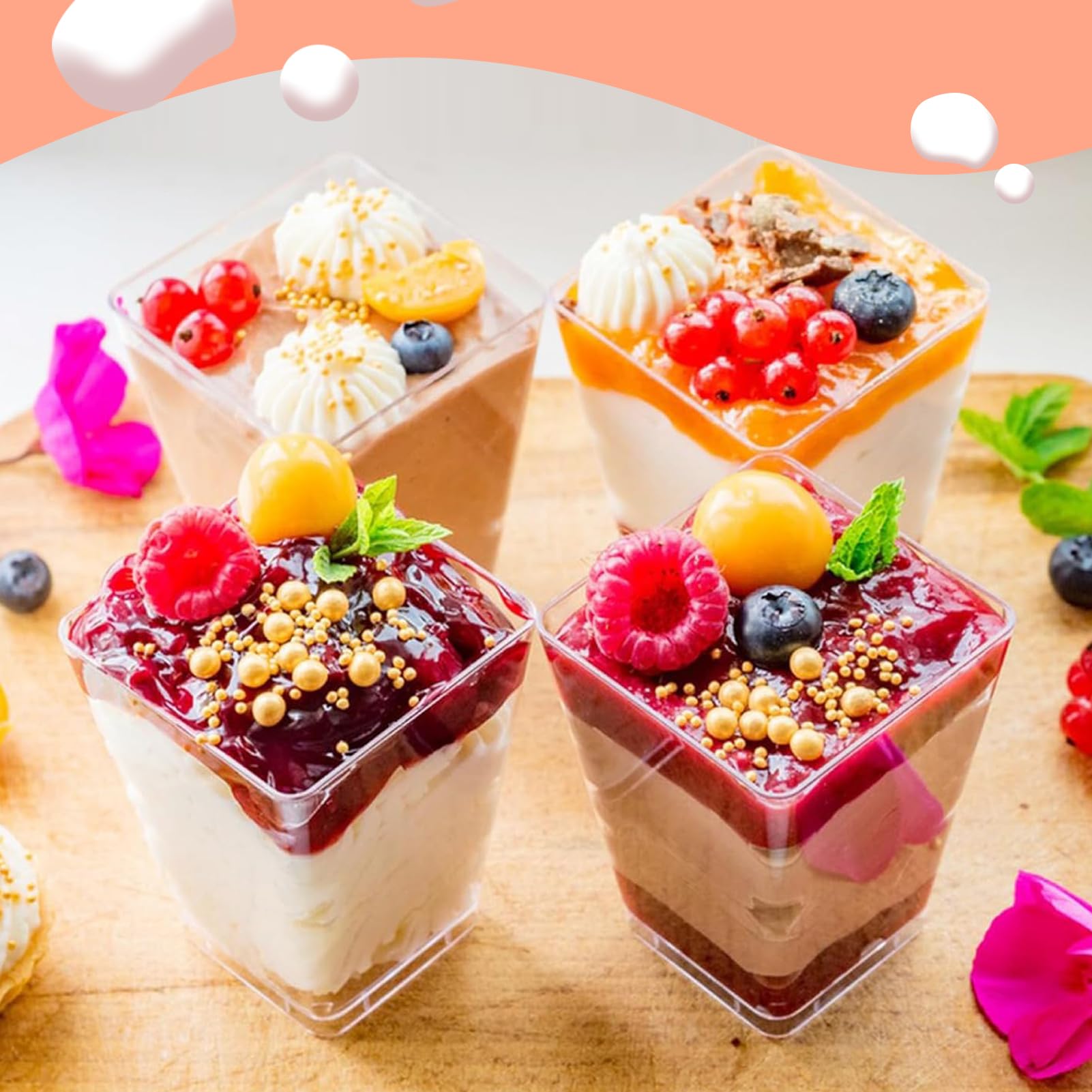 KAHEIGN 60 Pezzi Mini Tazze da Dessert, 100ml Tazze da Dessert Smussato Quadrato in Plastica Tazza Trasparente per Antipasto Semifreddo Ciotola da Portata Riutilizzabile per Budino (5,5 x 5,7cm