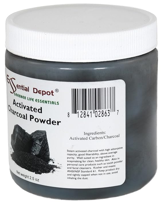 Essential Depot Activated Charcoal Powder - 2.5 oz - Safety Sealed HDPE Container with Resealable Cap