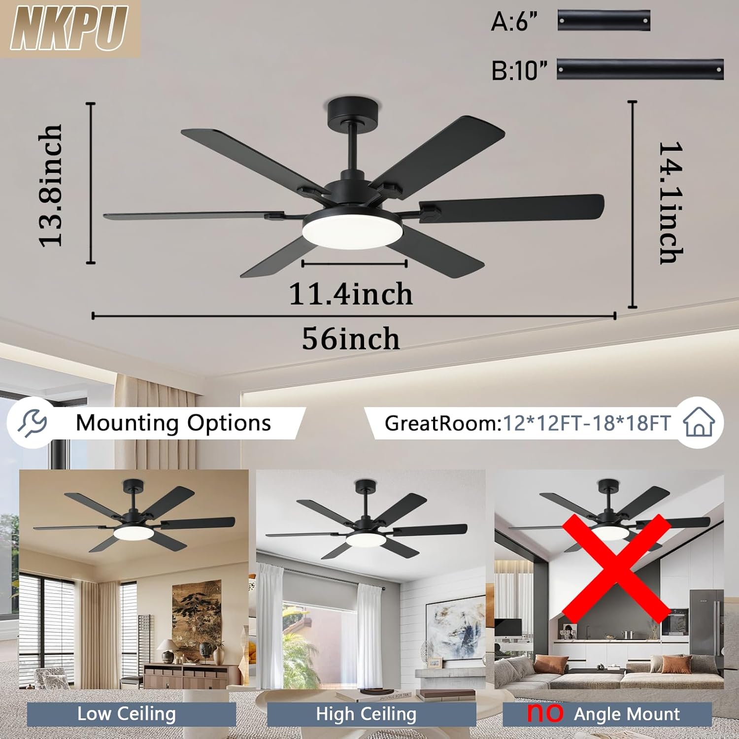 56 Inch Ceiling Fans with Lights, Modern Black Ceiling Fan with Light and Remote Control, 6 Double Sided Blades, 6 Speed Reversible Motor, Dimmable LED, Silent Timing, Indoor Outdoor Patio Use - Image 7