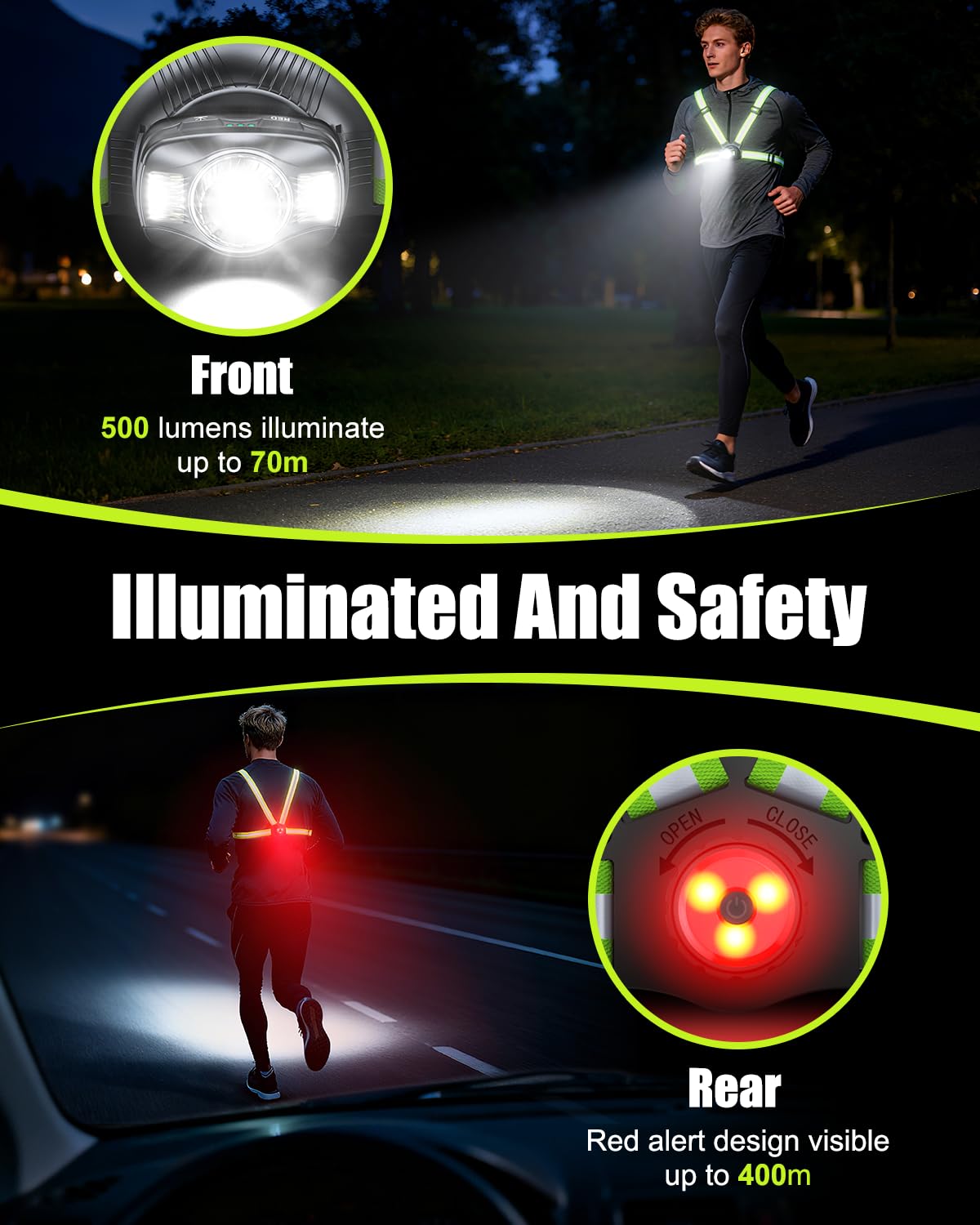 Luces de correr para corredores, luz de correr de 500 lúmenes con luz de alerta roja trasera, haz ajustable de 45° e impermeable IPX4, chaleco reflectante recargable para caminar/ciclismo