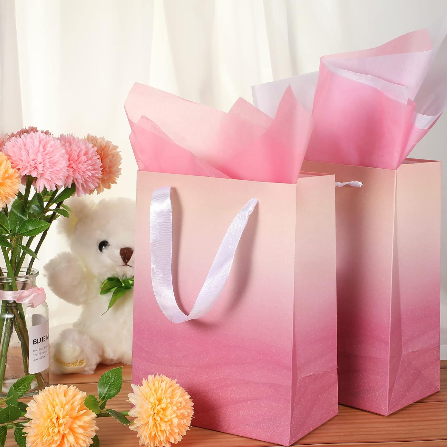 Jeyiour 24 Pcs Ombre Gift Bags Bulk with 48 Pcs Tissue Paper, 9 x 7 x 4 Inch, Glitter Paper Gift Bag, Packaging for Graduation Baby Shower Wedding Thank You Birthday Party Candy Supplies(Pink)