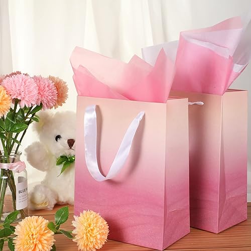 Miniatura 5 de Jeyiour 24 bolsas de regalo degradadas a granel con 48 piezas de papel de seda, 9 x 7 x 4 pulgadas, bolsa de regalo de papel con purpurina, embalaje