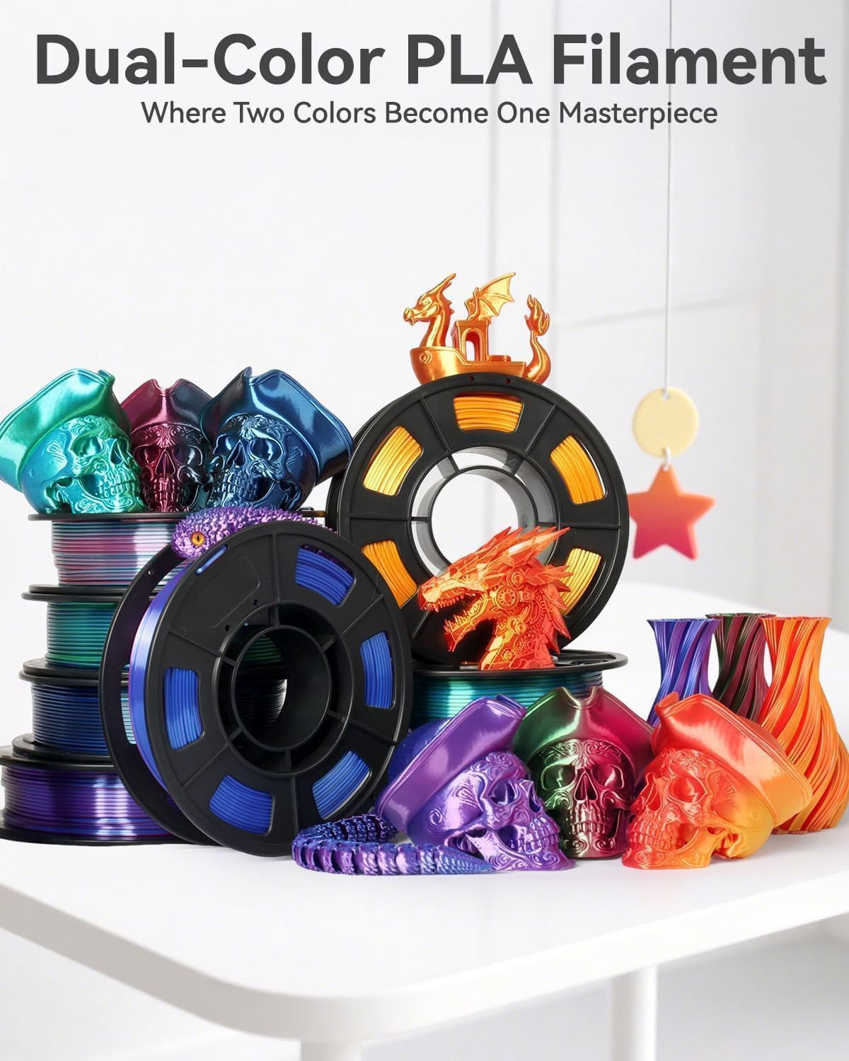 Epelay 3D Printing Filament Bundle, Silk PLA Printer Filament 1.75mm, Shiny Dual Color Change, Neatly Wound Bundle, 4 x 250g Spools for FDM Printers - Image 8