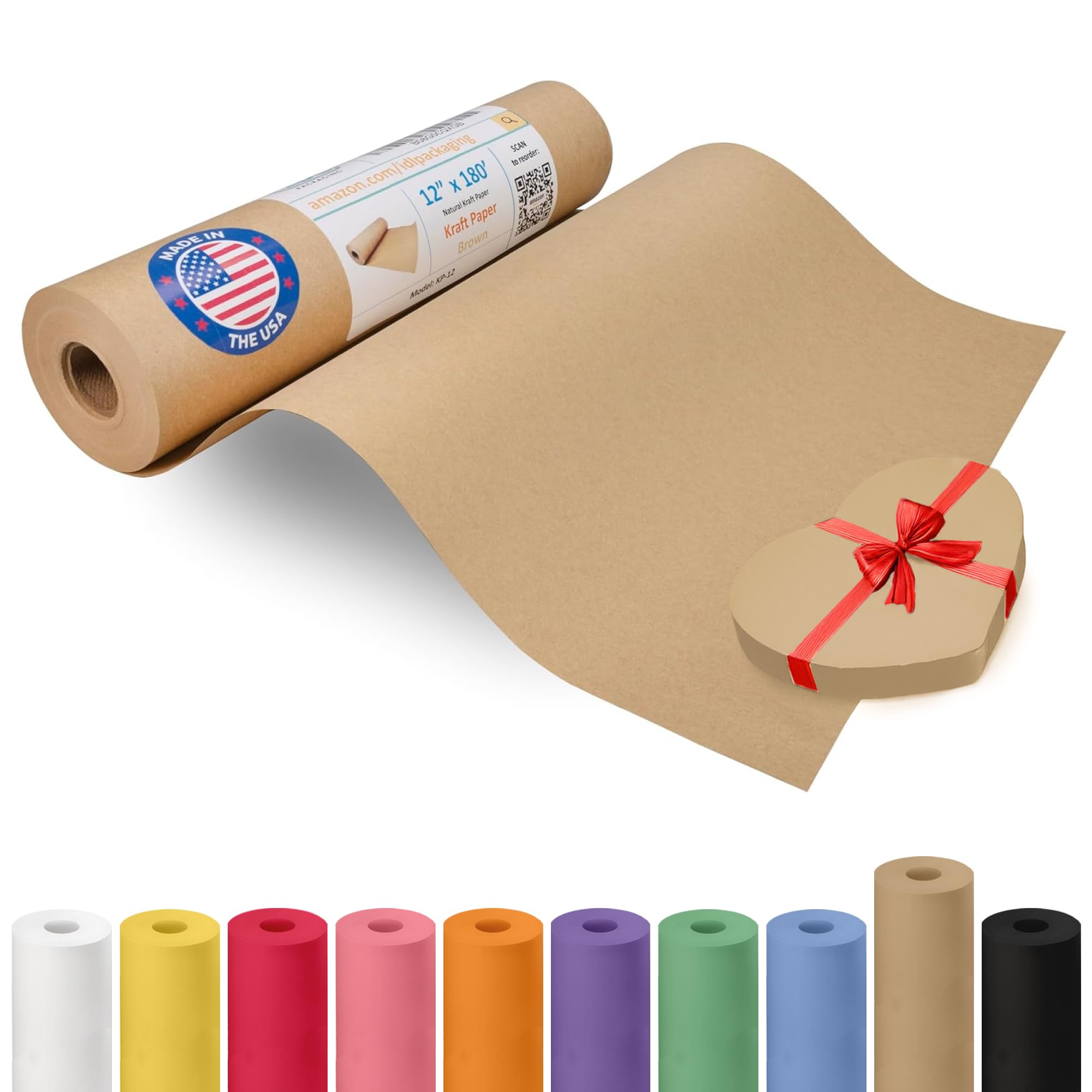 Brown Paper Roll 12" x 2160" (180 feet) - USA-Made Kraft Paper 30lb Thickness - Ideal for Wrapping, Packing, Moving, Shipping, and Arts & Crafts -