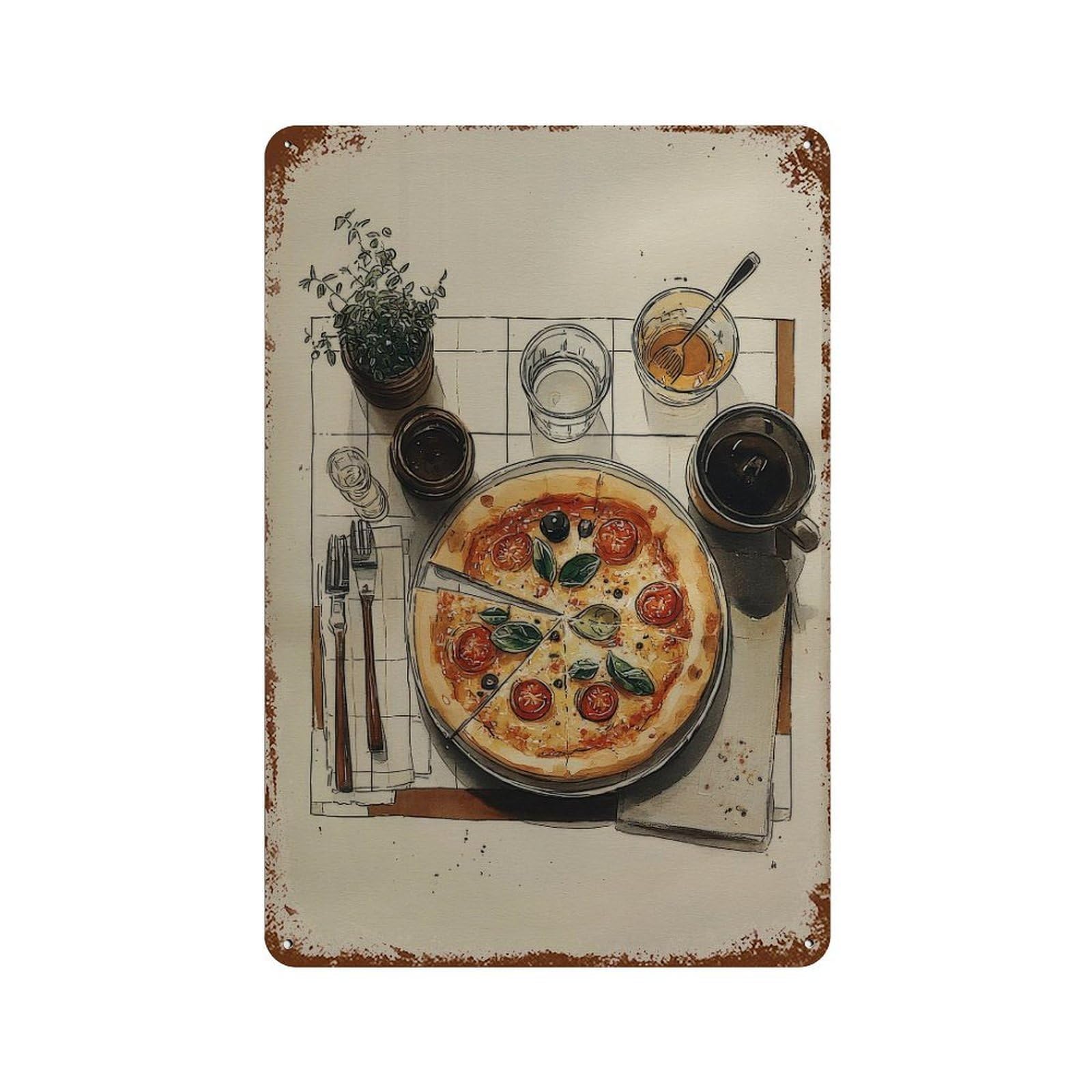 xiaoxiaoshen Pizza Handdrawn Illustration on Matte Paper Wall Decor Art Metal Tin Poster Modern Home Decor Art Home Bar Shop Decorations Vintage Sign 30x20cm