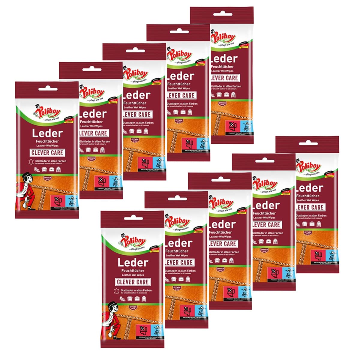 Poliboy - Leder Feuchttücher - perfekte Reinigung für Glatt- und Kunstleder - 10er Pack - 10x20 Tücher - Made in Germany