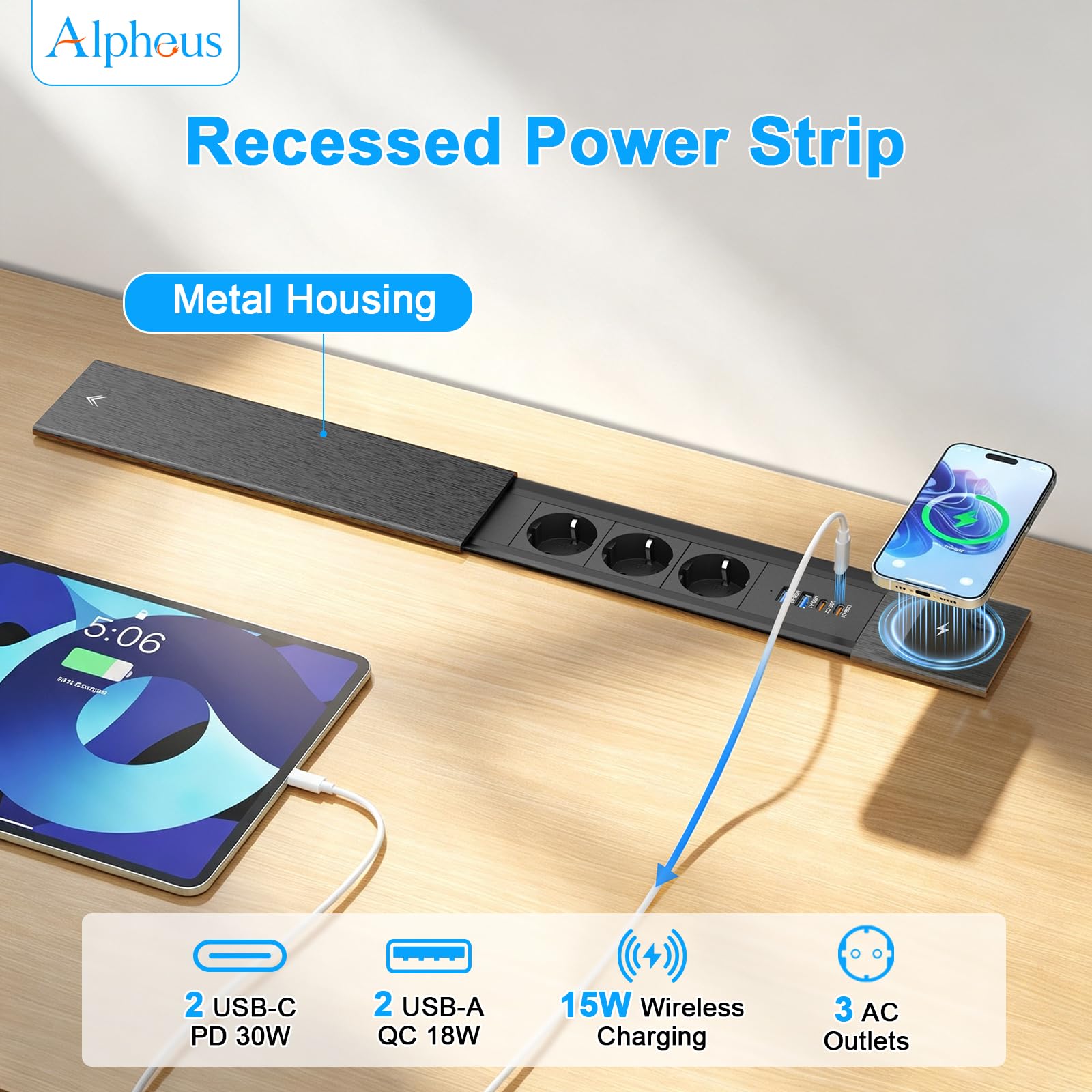 Alpheus 3 Fach Einbausteckdose mit 15W kabellosem Laden, USB-C PD 30W