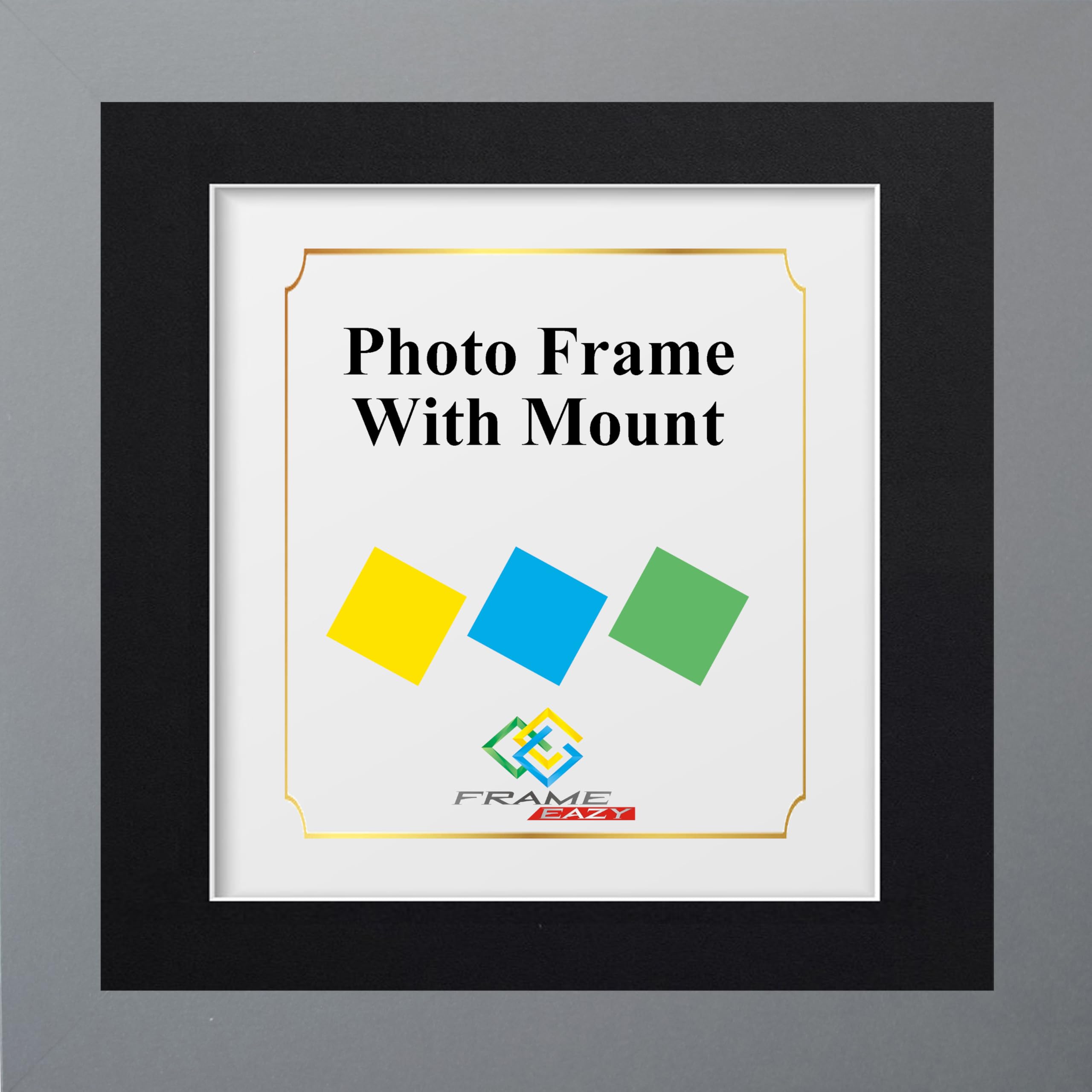 FRAME EAZY Square Silver Photo Frame Picture Frame with Black Mount - Comes With Safe Perspex Front & Wall Hanging Hooks - Square Frame 6"x 6" Pic Size 4"x 4" Mount