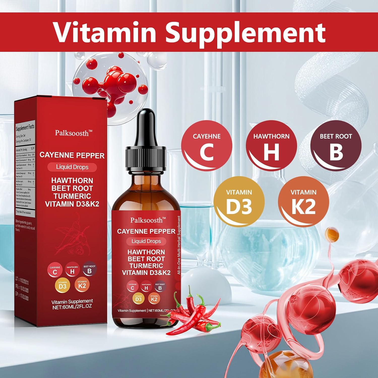 Velestoff Cayenne Pepper Drops, Cayenne Pepper Extract Liquid Drops with Hawthorn Beet Root Turmeric Curcumin, Vitamin K2 & D3 Support for Vascu Blood Flow - 2 Bottles(60ml) - Image 4