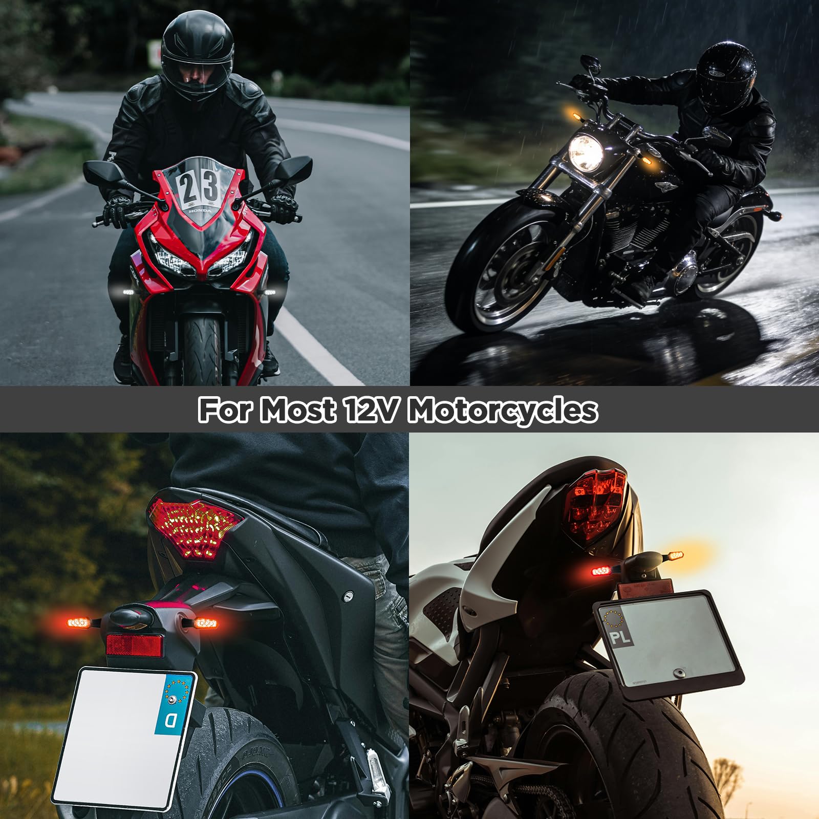 evermotor Mini LED Indicatore Moto a 3 Perle, E-geprüft, Alluminio CNC, 12V 4 Pezzi, con Luce di Posizione, Universale per E-Bike/Scooter, 2x Ambra & Bianco, 2x Ambra & Rosso