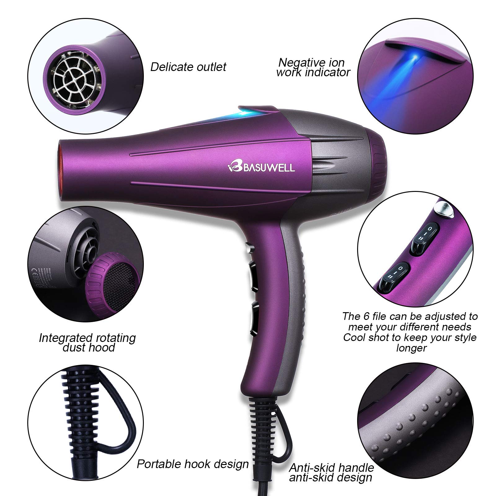Secador Pelo Profesional 2100W ionico Secador de Pelo con AC motor con 2 Velocidades y 3 Temperatura,concentrador y difusor incluidos, para Hogar y Peluqueria-púrpura (púrpura)