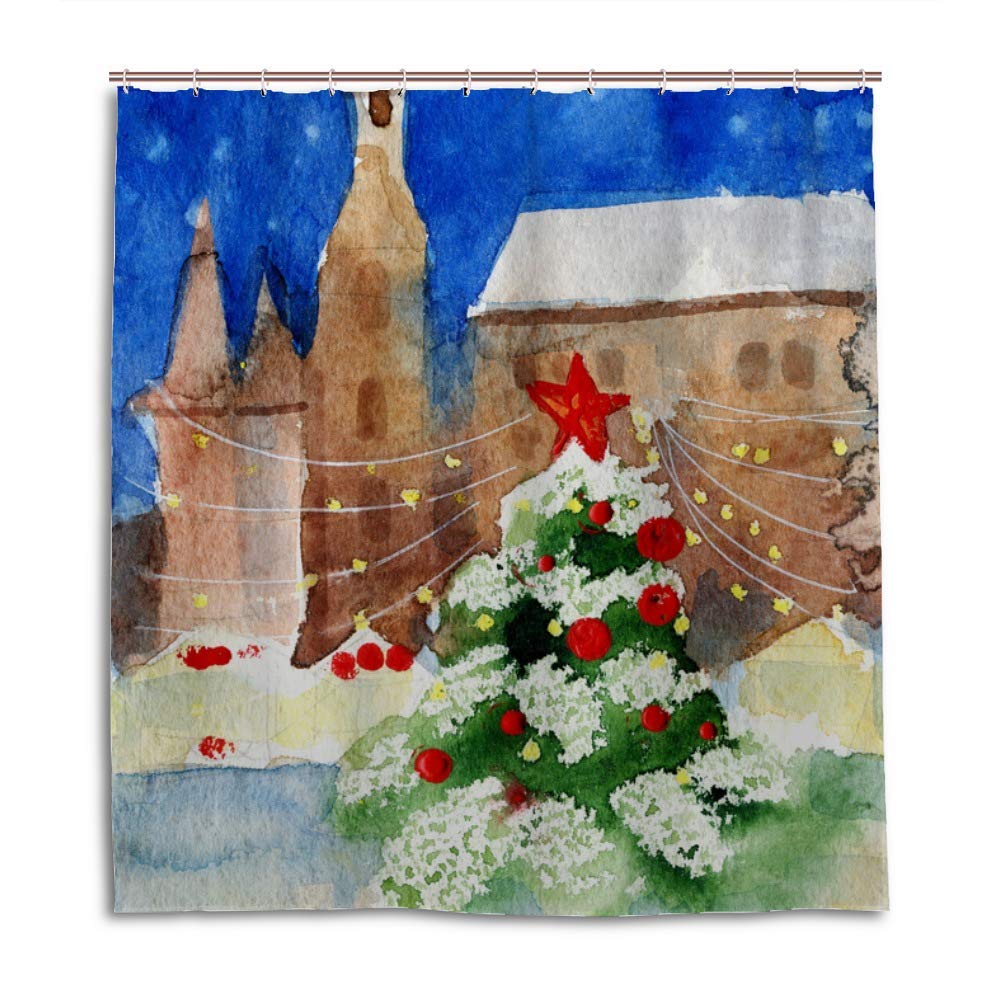 Rideau de douche bleu nuit 168x183 cm motif arbre d'hiver en polyester