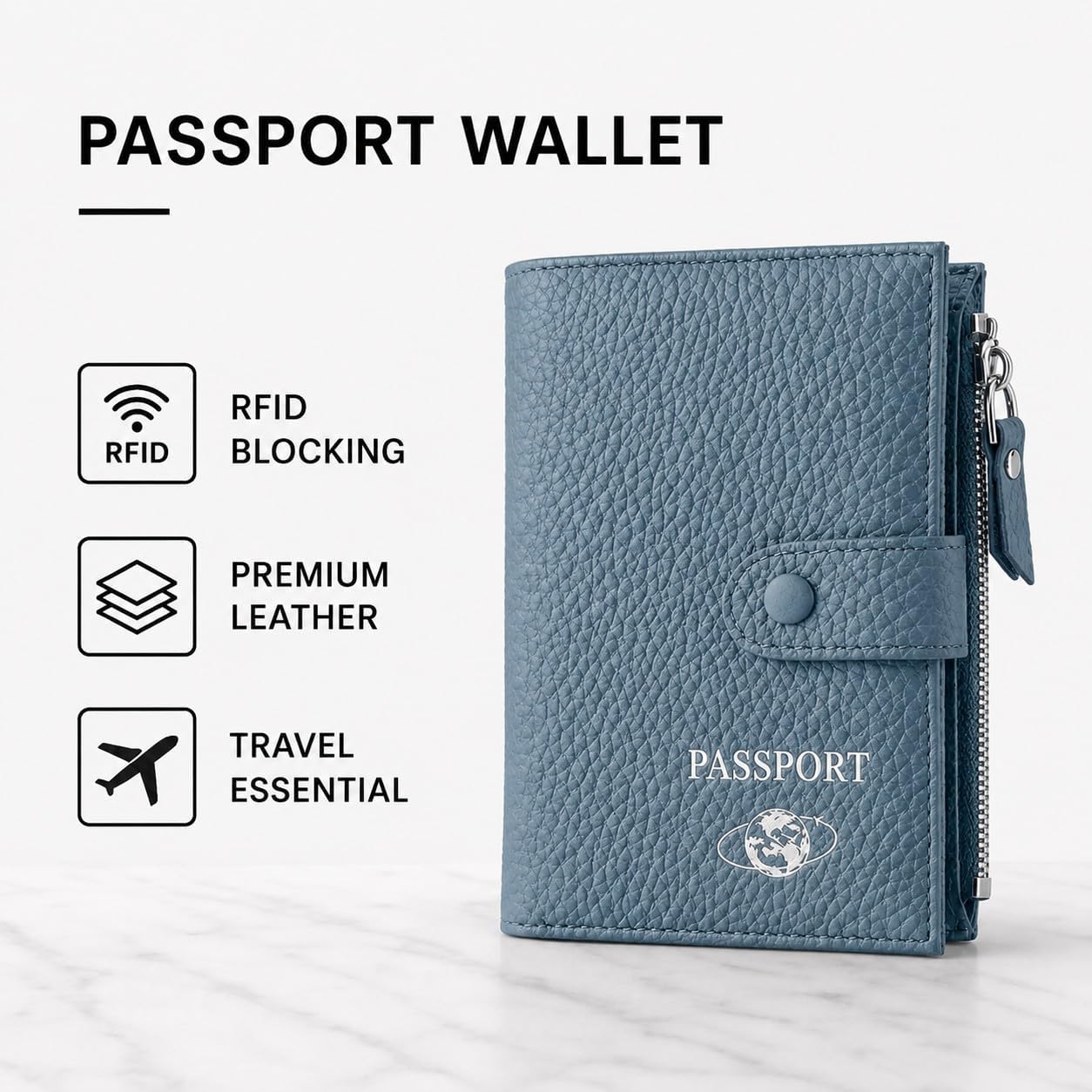 RFID Blocking Genuine Leather Passport Holder for Travel, Slim Passport Wallet with Zipper Pocket, Cash Compartment & Card Slots, Travel Document Organizer for Men Women Family