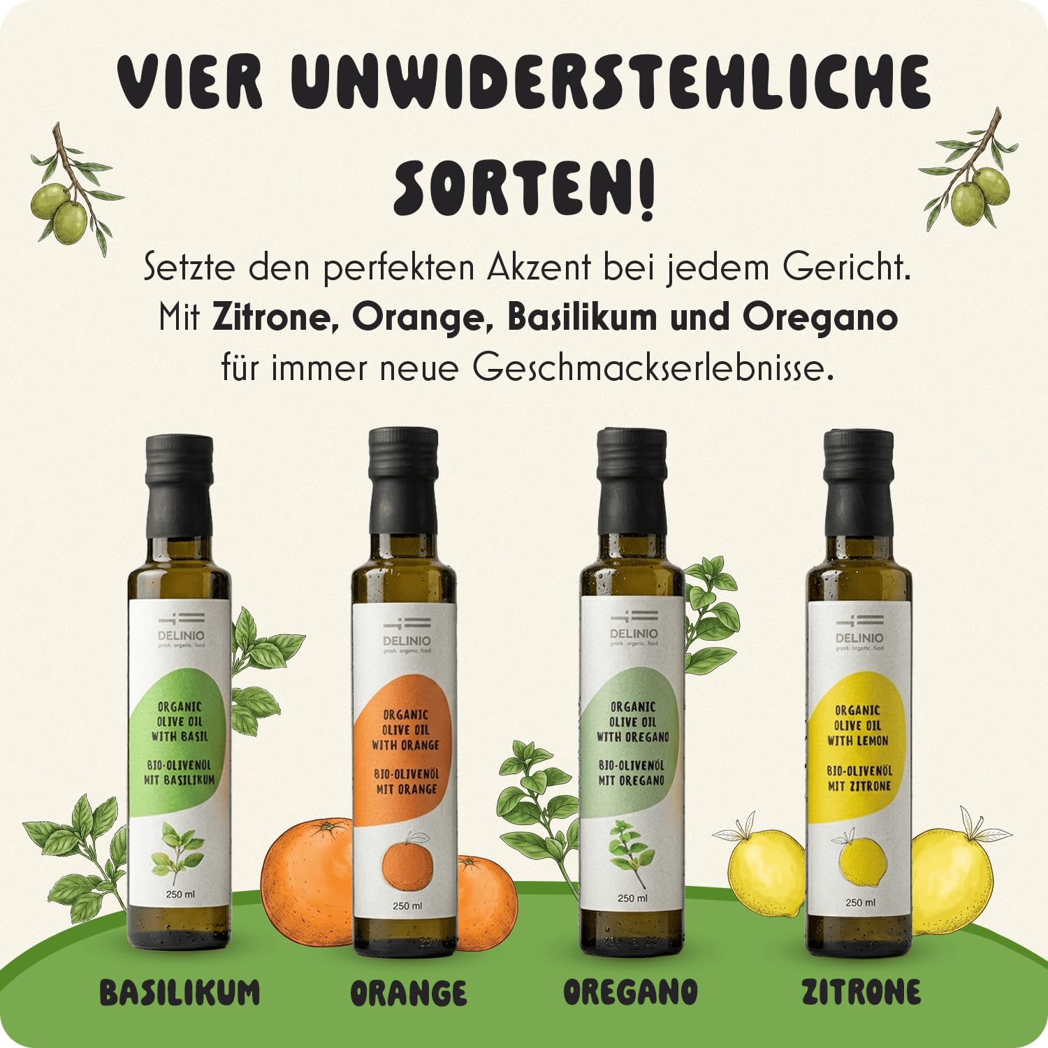 Utry.me Olivenöl kaltgepresst 4x250ml - extra nativ - Probierset griechisches Olivenöl verfeinert mit Basilikum, Zitrone, Orange & Oregano – mit Dosierkappe, inkl. UTRY.ME Gutschein