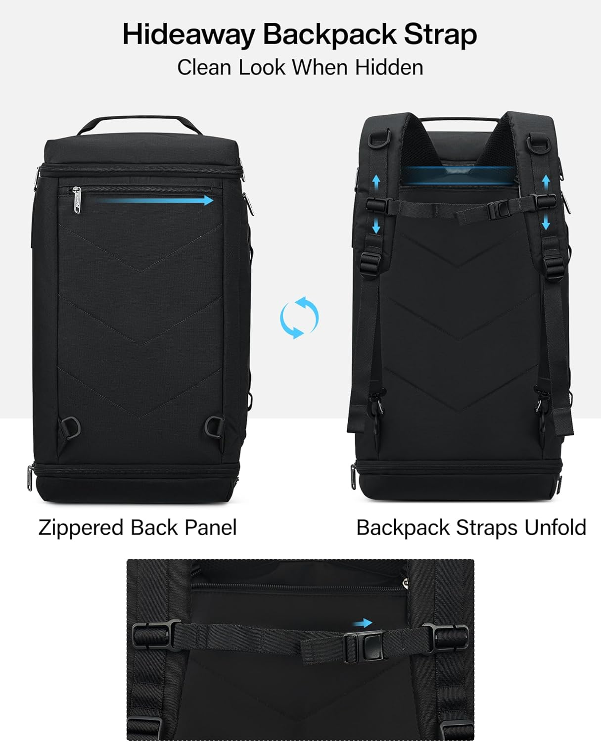 Hanke Duffle Bag for Travel, Dual Expandable 45L-55L Carry On Duffel, 3 In 1 Weekender Tote, Water Resistant Overnight Bag with 15.6" Compartment for Men Women, Black