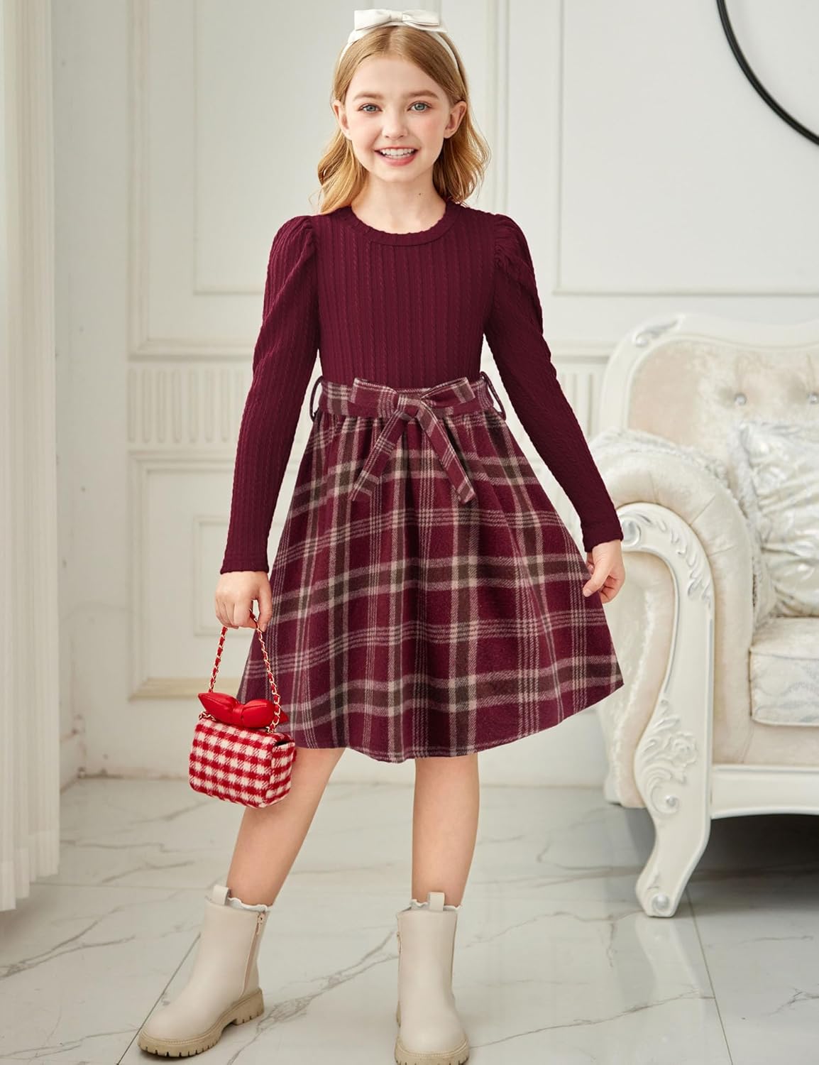 Arshiner Girls Dresses Puff Long Sleeve Rib Knit Plaid Patchwork Belted Holiday Dress with Pockets - Image 4